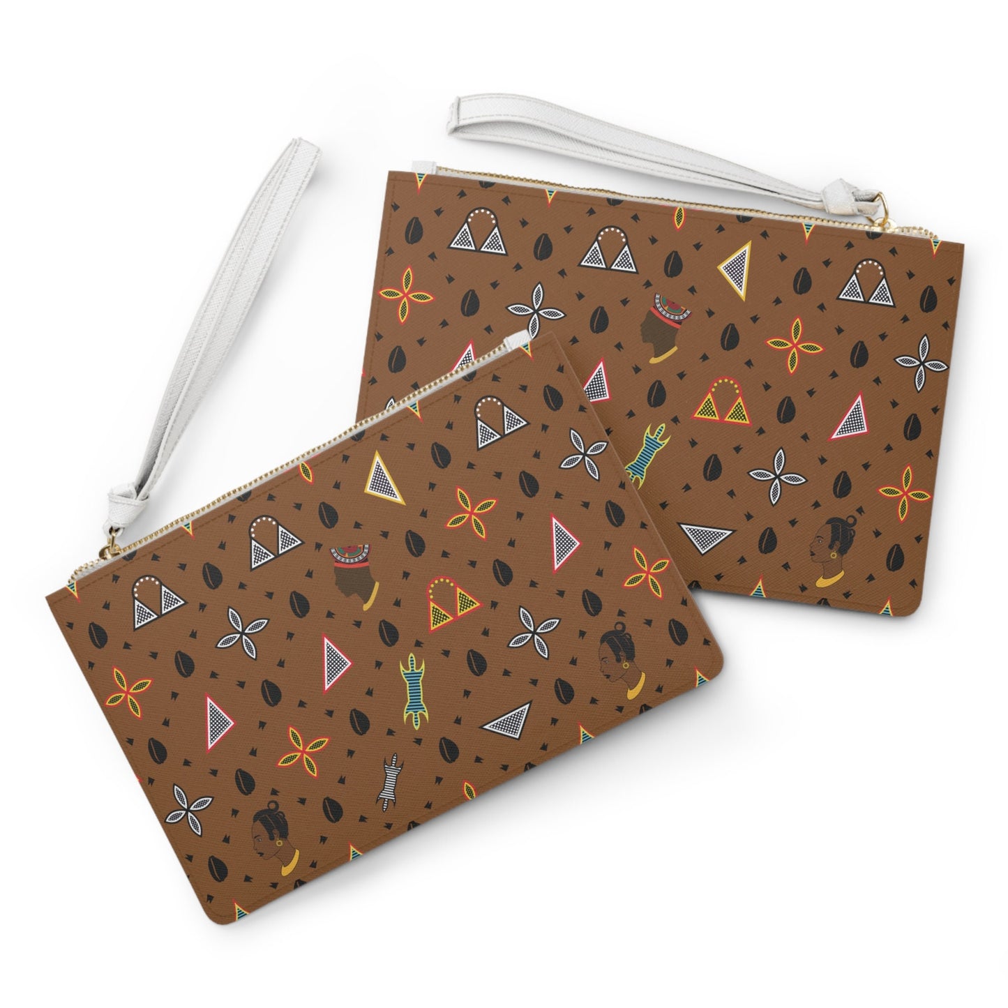 Toghu Shaped & Faces Brown Cowrie Wristlet Clutch Bag, Elegant Evening Accessory, Stylish Birthday Gift