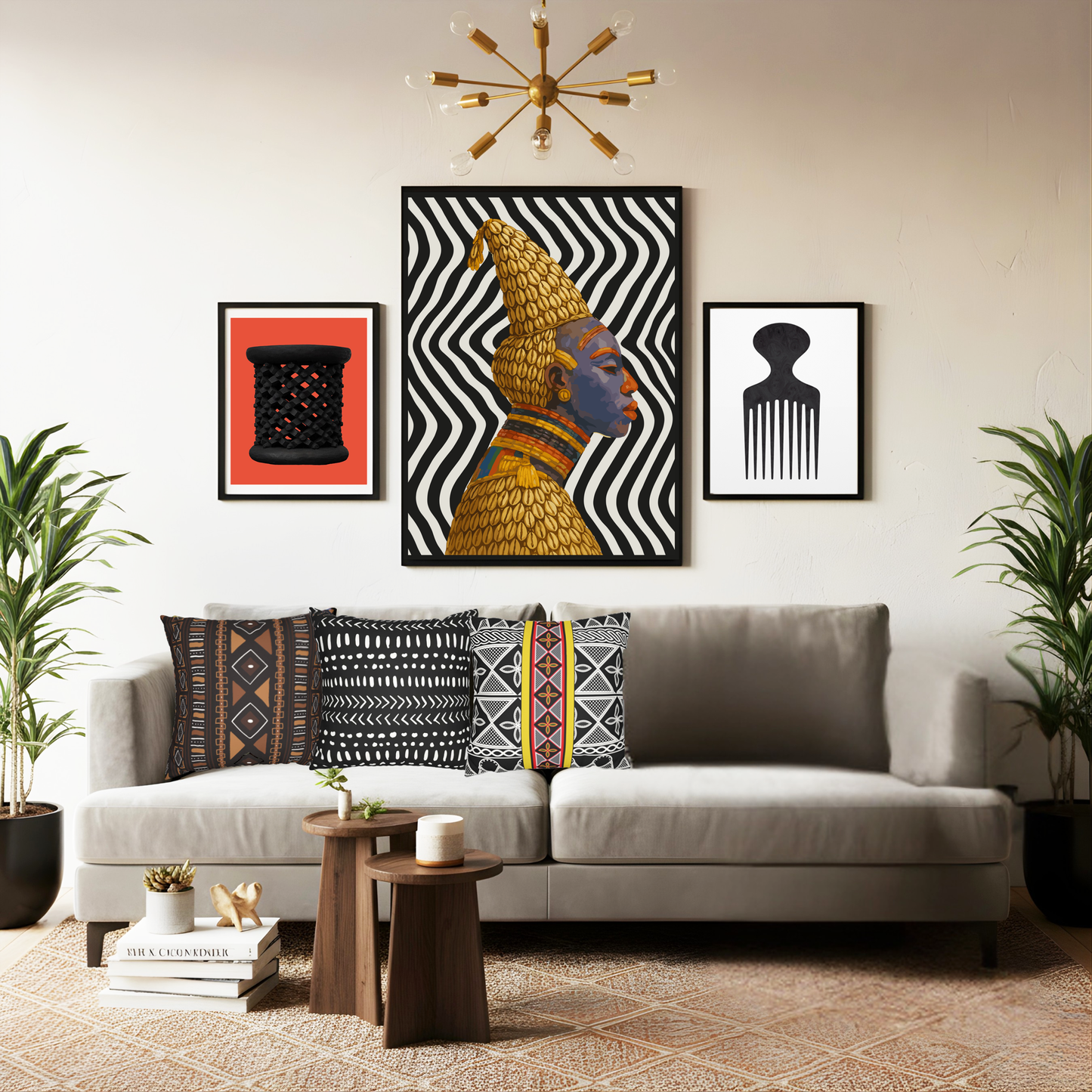 a modern living room with a gray sofa, a wooden coffee table, and a large abstract painting of a woman's head with a feather headdress. The room is decorated with a chandelier, potted plants, and other decorative elements, creating a stylish and contemporary atmosphere.