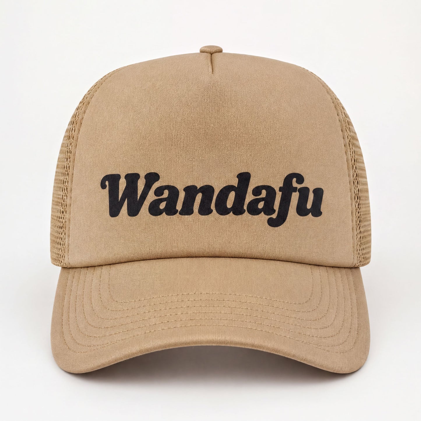 A tan baseball cap with the text "Wandafu" printed on it.