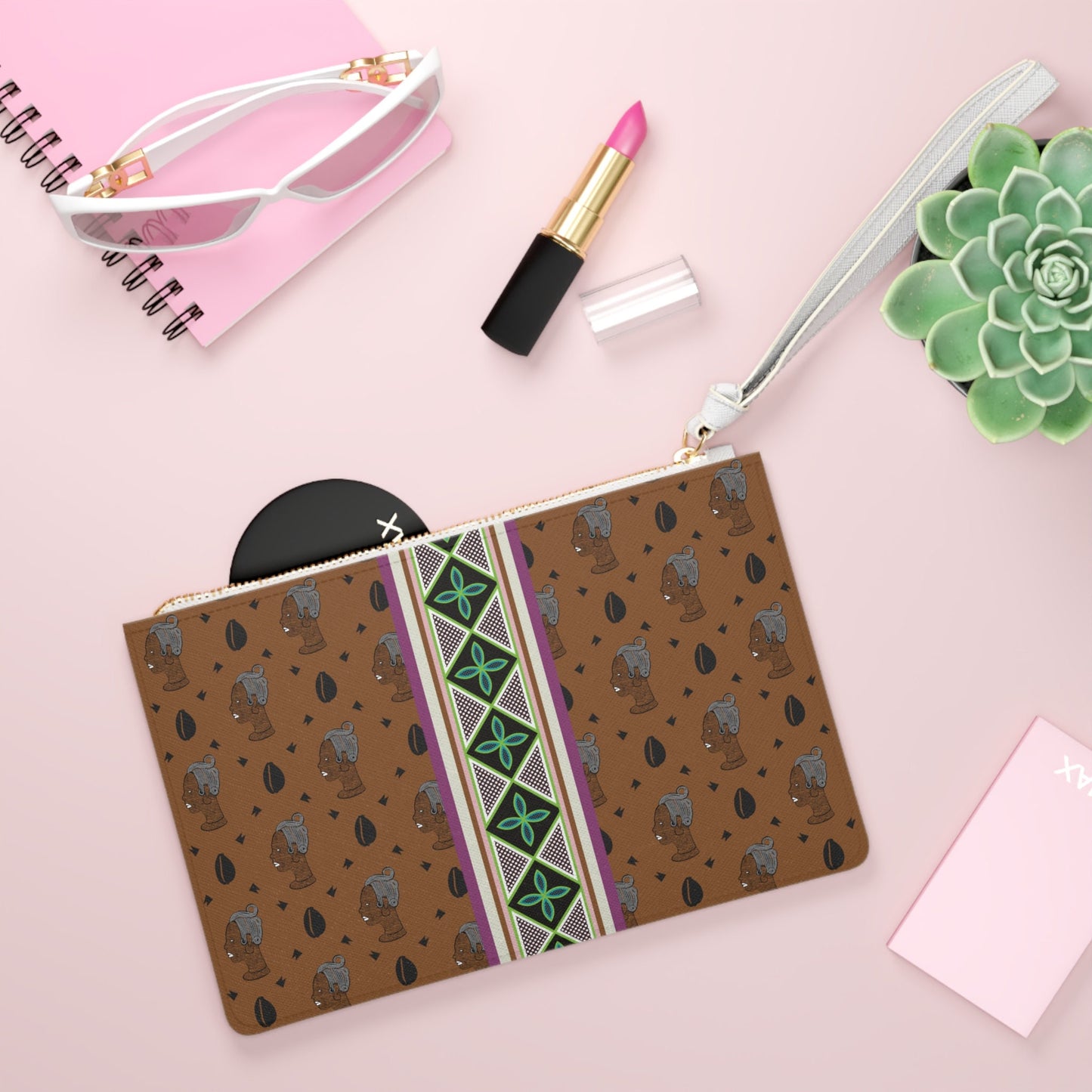 Haus of Kongossa (HOK) Brown Cowrie with Strip Wristlet Clutch Bag