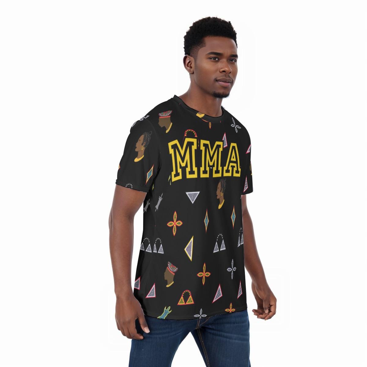MMA All-Over Print T-Shirt, Cameroon Toghu Shapes, Athletic Eyebird Fabric Tee, Ready to Ship