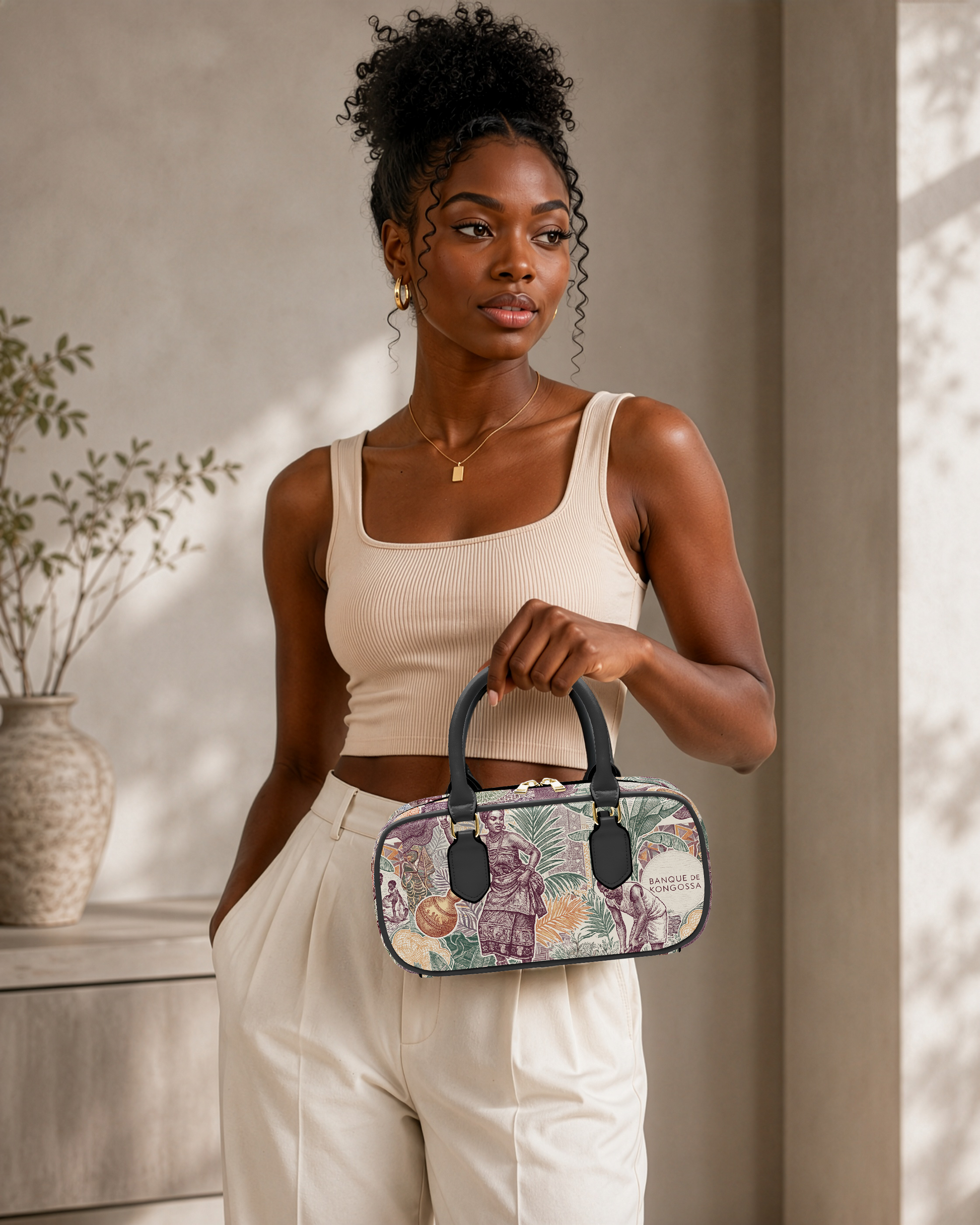 A woman in a beige tank top and white pants stands in a room, holding a colorful handbag with a floral pattern.