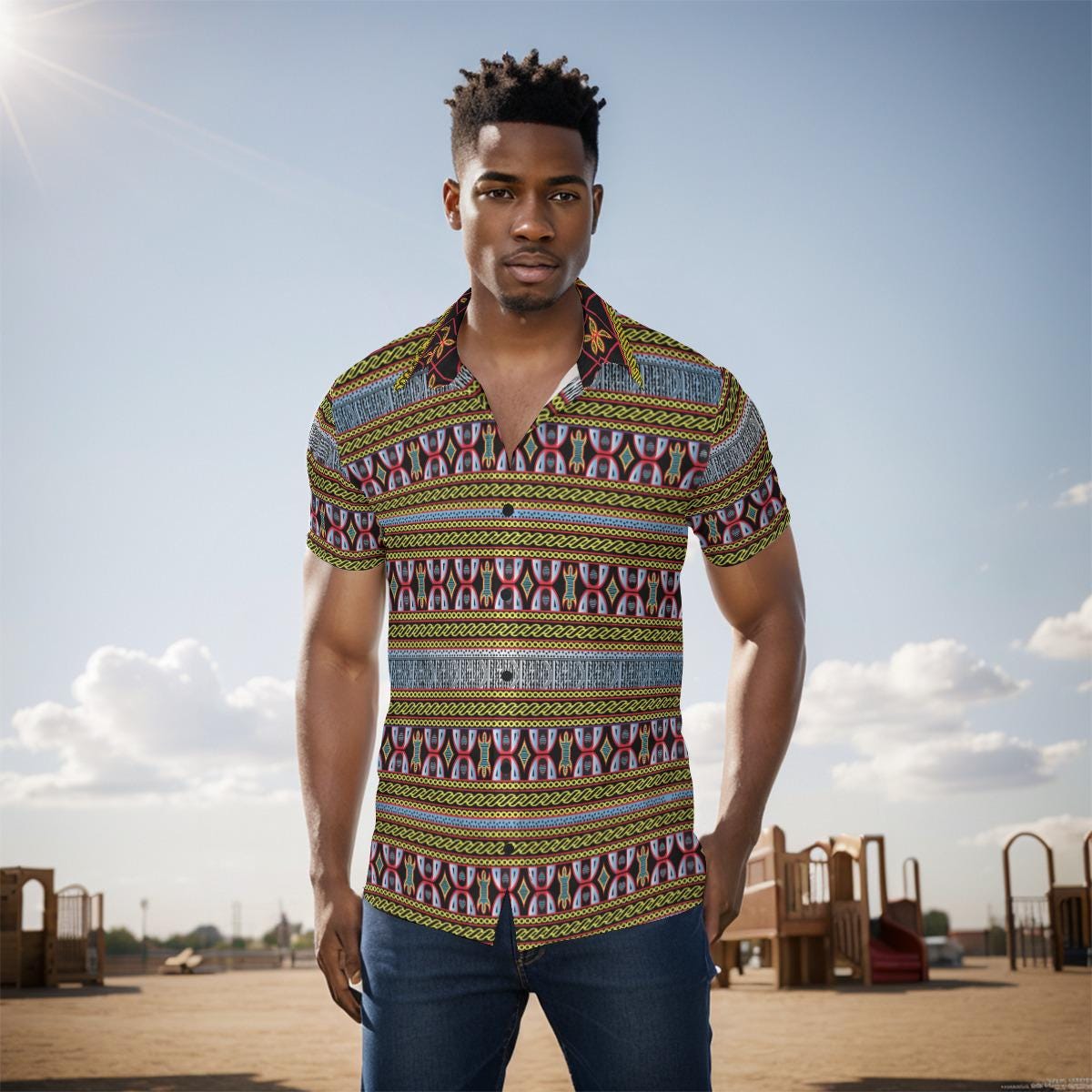 Ndop Toghu Print Men's Button-Up Shirt: Cameroonian African Pattern