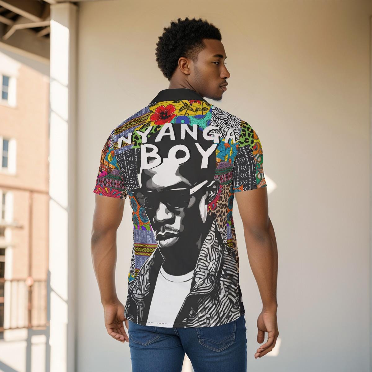 African Ankara Print Men's Button-Up Shirt: Nyanga Boy Design