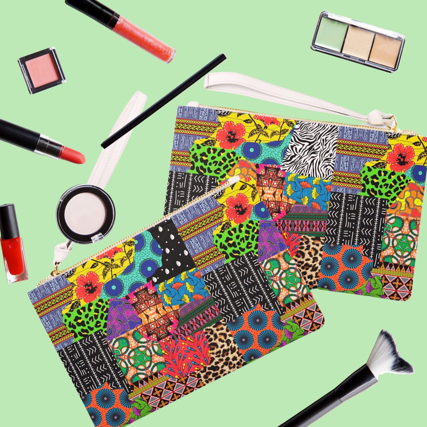 Ankara Print Vegan Leather Wristlet Clutch: African Patchwork Loop Handle