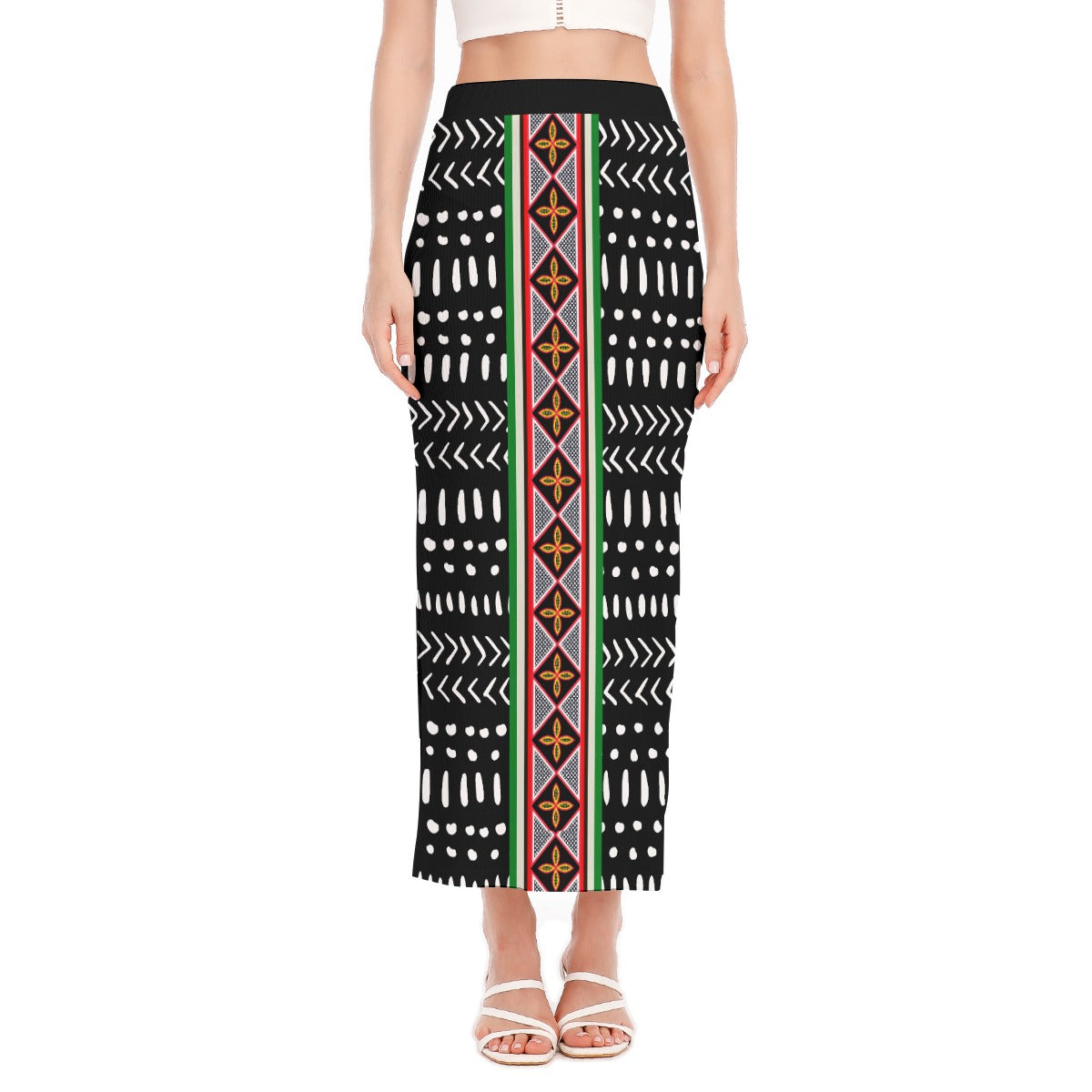 Mudcloth Ribbed Stretchy Maxi Skirt, African Print with Toghu Stripe, Side Slit, Ready to Ship