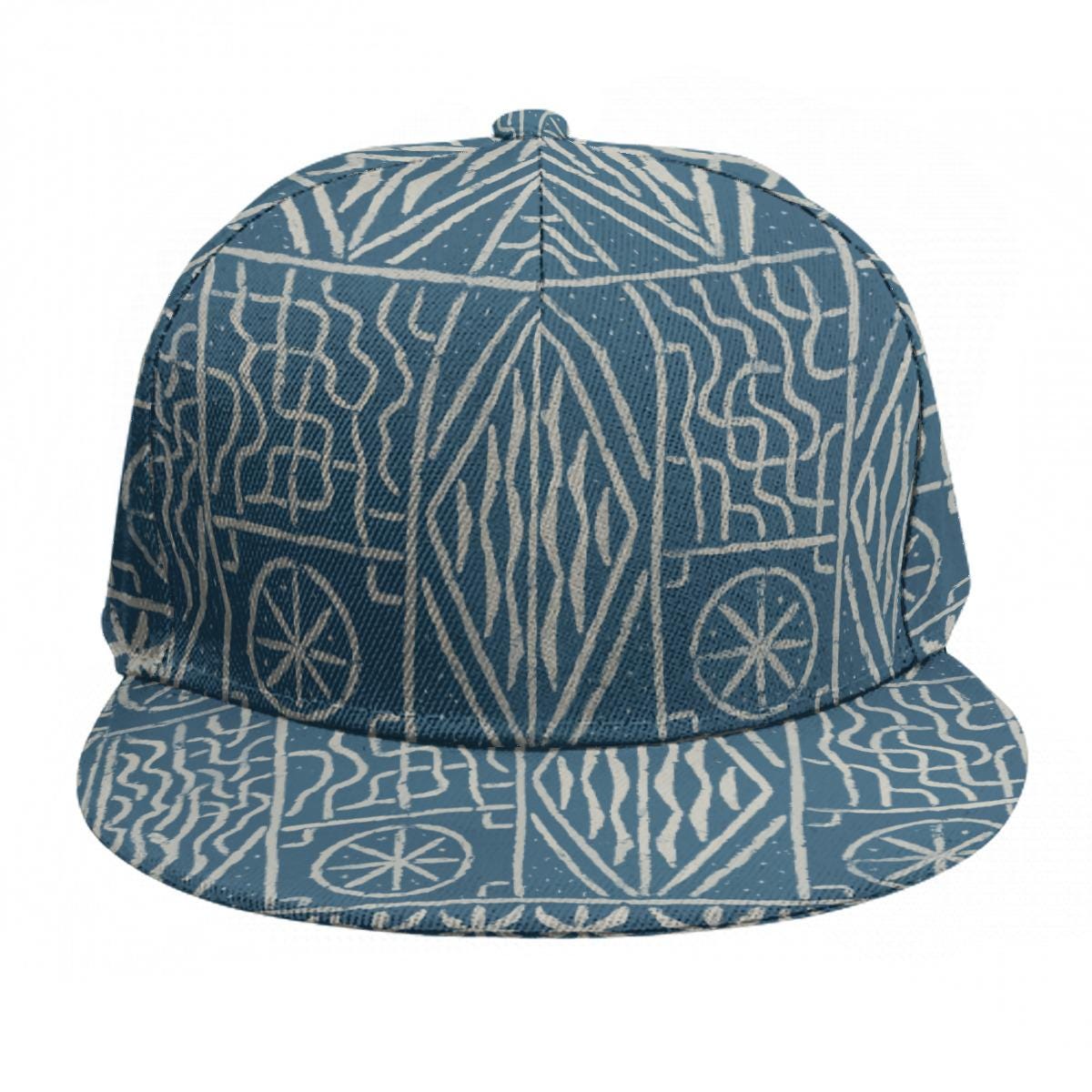 Ndop Flat Brim Snapback Hat, Blue Tribal Pattern Baseball Cap