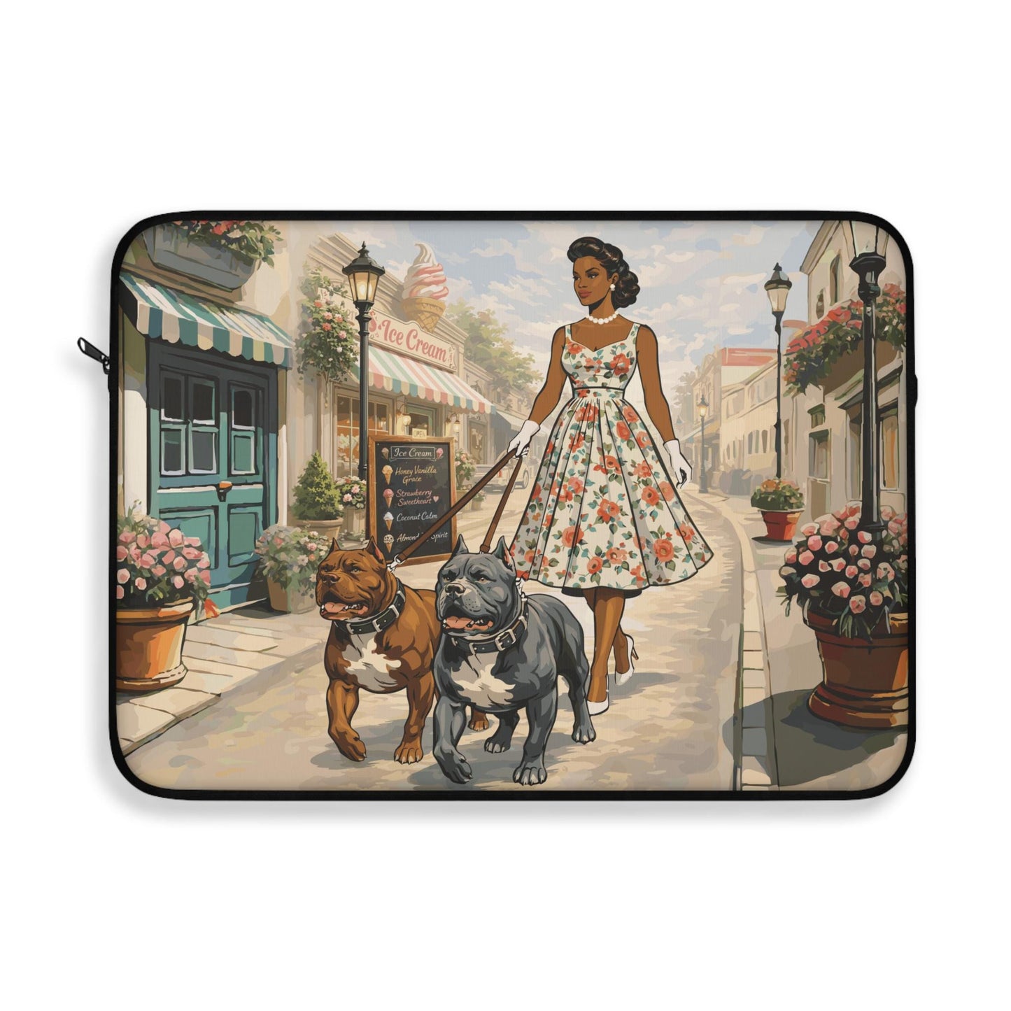 A woman in a floral dress is walking two dogs down a street lined with shops and flowers.