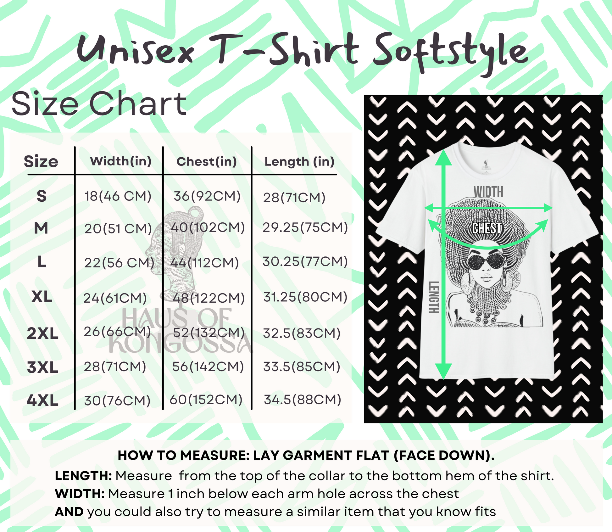 The image is a size chart for a t-shirt, providing measurements for different sizes (S, M, L, XL, 2XL, 3XL) and corresponding chest measurements. It also includes a diagram of a t-shirt with a woman's face and a measurement guide for the width of the t-shirt.