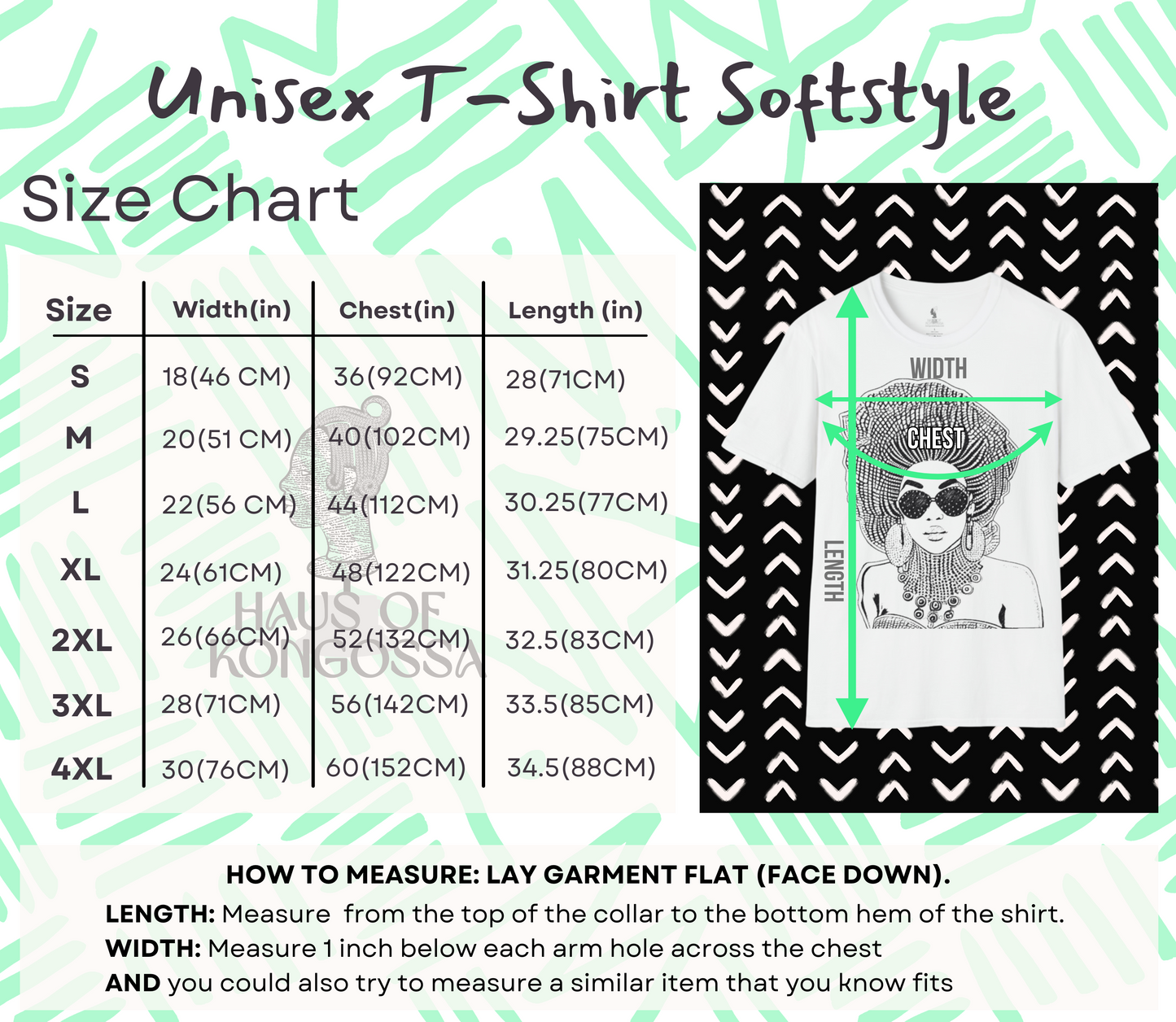 The image is a size chart for a t-shirt, providing measurements for different sizes (S, M, L, XL, 2XL, 3XL) and corresponding chest measurements. It also includes a diagram of a t-shirt with a woman's face and a measurement guide for the width of the t-shirt.