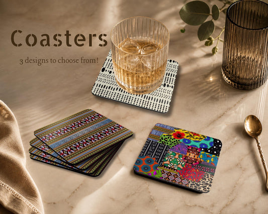 African Print Coasters, Corkwood Coaster Sets, Glossy MDF Set, 3 Designs Available,  Perfect Gift for Mother's Day