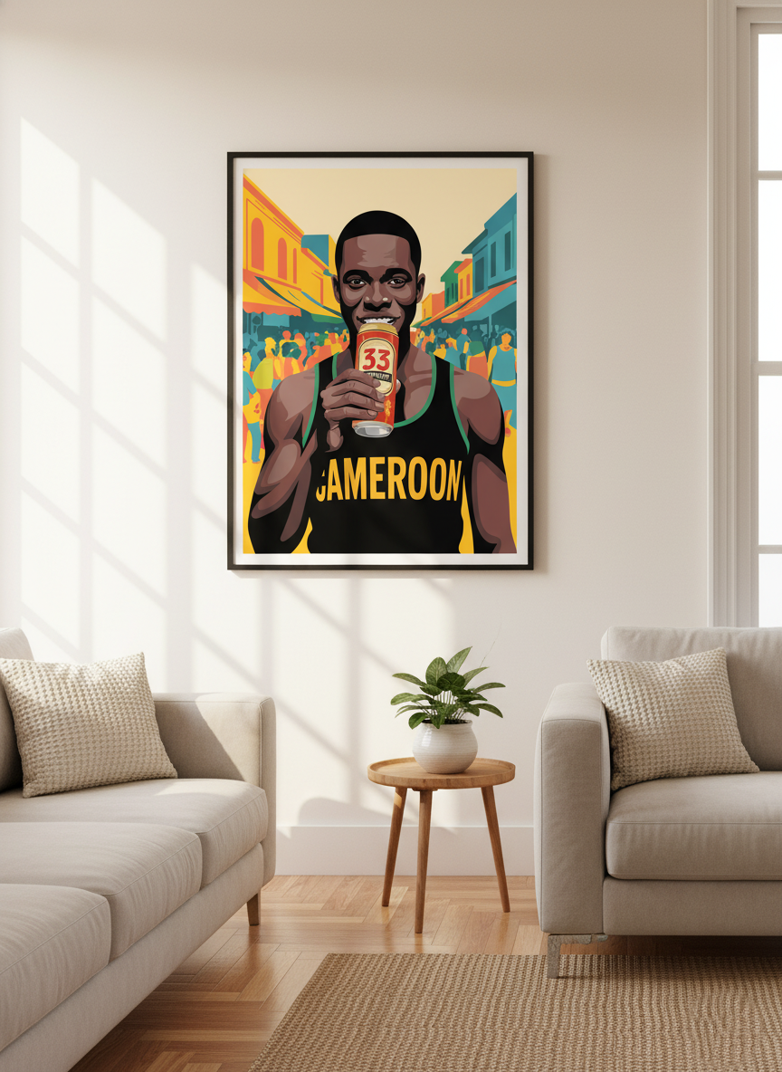 a poster of a man holding a can of beer, with the word "Cameroon" written on it. The poster is hanging on a wall in a living room setting, with two couches and a small table in the foreground.