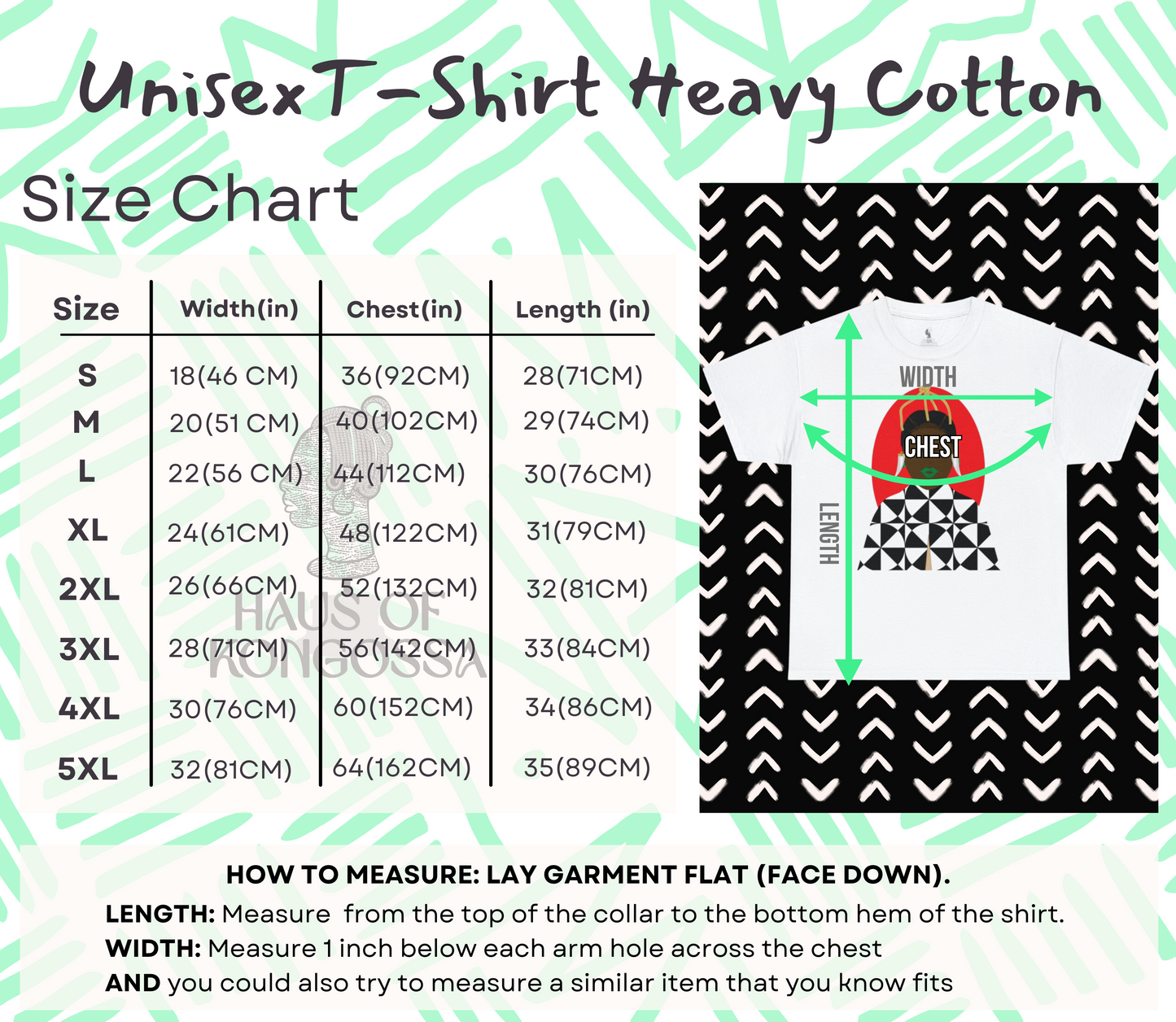 The image is a size chart for a t-shirt, providing measurements for different sizes and corresponding garment measurements.