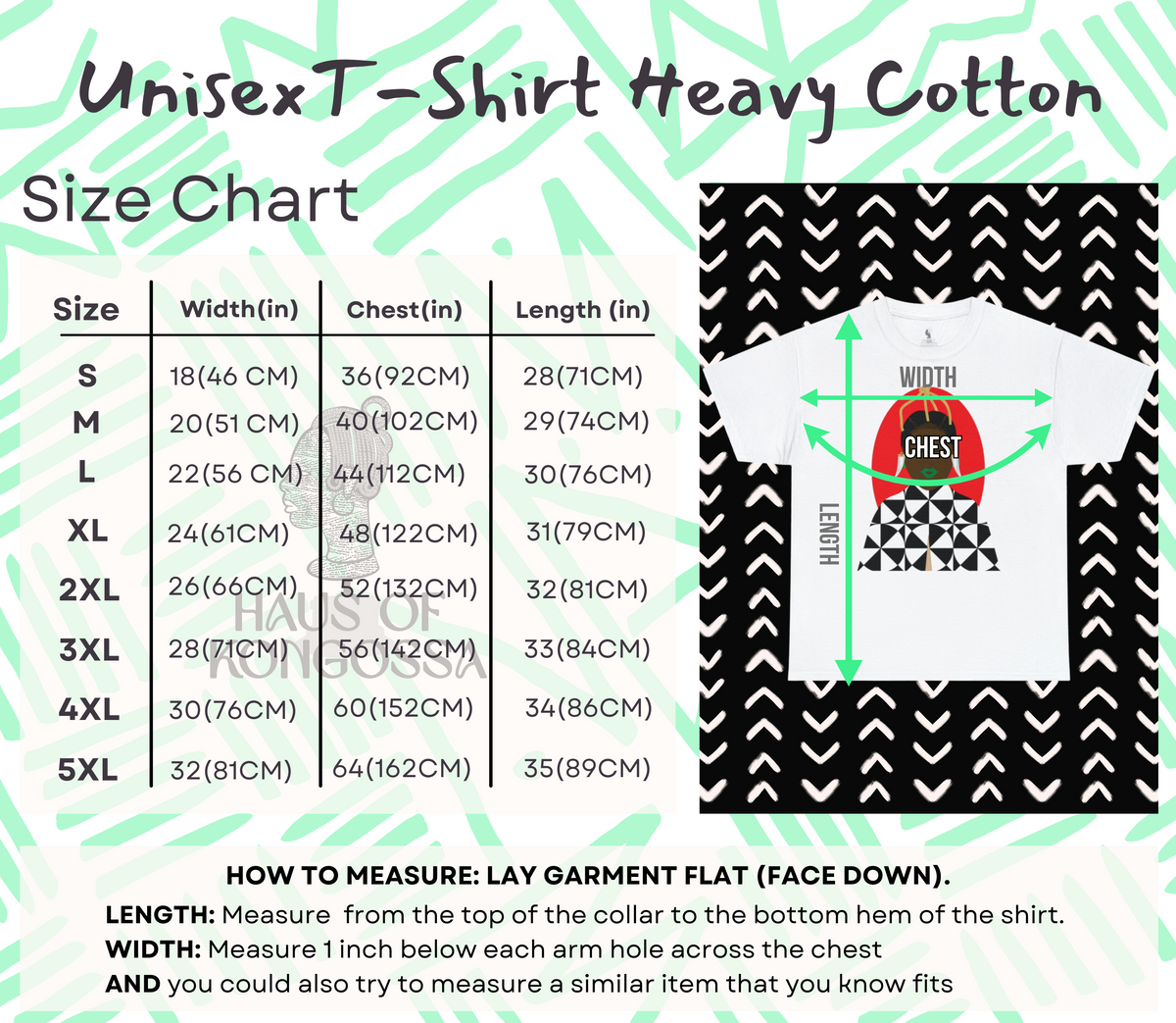 The image is a size chart for a t-shirt, providing measurements for different sizes and corresponding garment measurements.