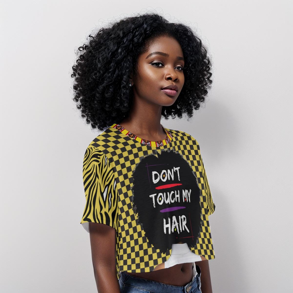 Checkered Print Crop Top: "Don't Touch My Hair" Graphic, Trendy Fashion, Ready to Ship