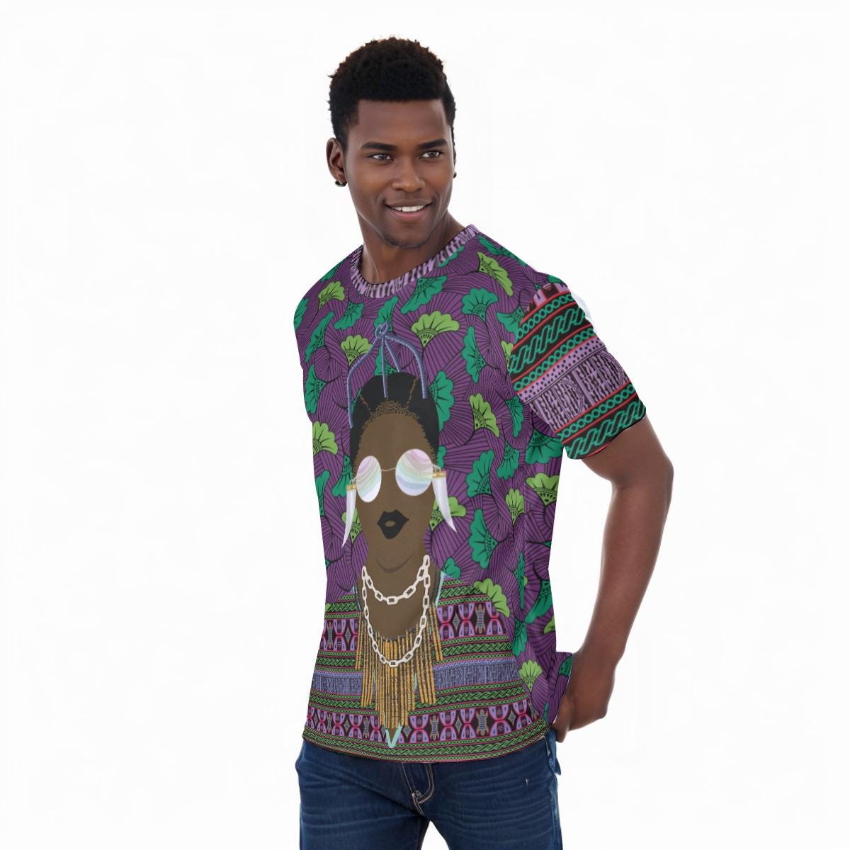 Purple Floral Ankara Print Athletic Mesh T-Shirt, Athletic Eyebird Fabric T-shirt