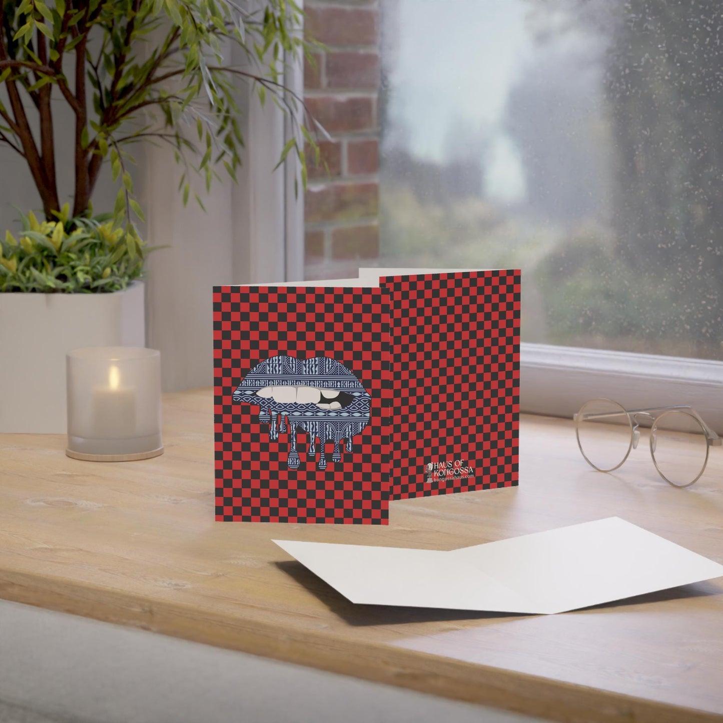 Blue Ndop Lips on Red Checkers Greeting Cards (1, 10pcs)