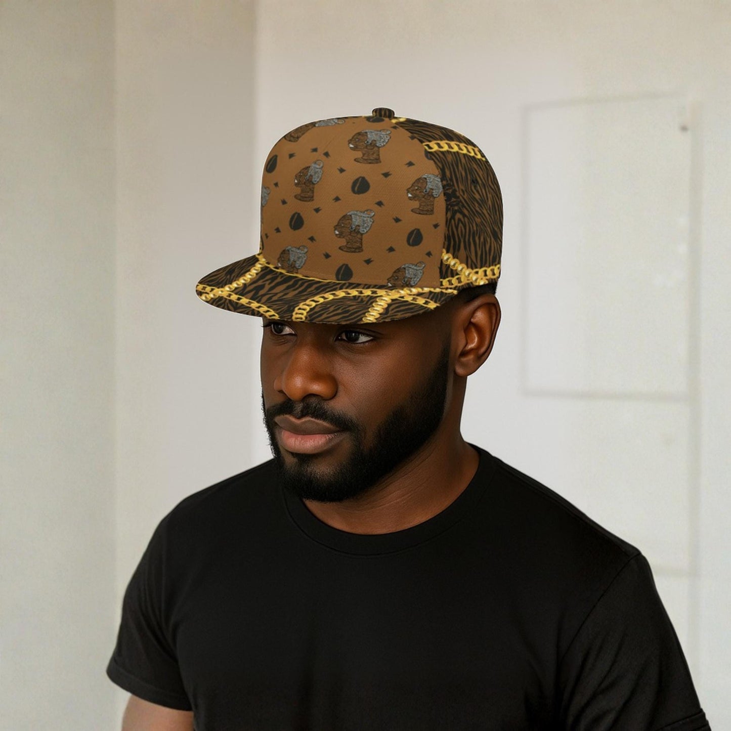 African Print Snapback Hat: Designer Brown, HOK Lady Logo with Zebra and Gold Chains Baseball Cap