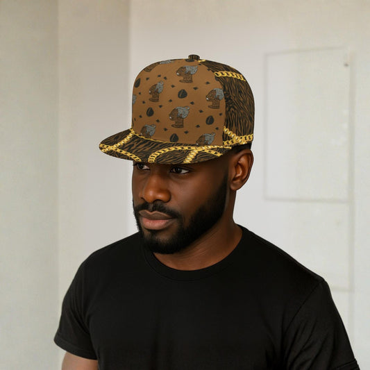 African Print Snapback Hat: Designer Brown, HOK Lady Logo with Zebra and Gold Chains Baseball Cap