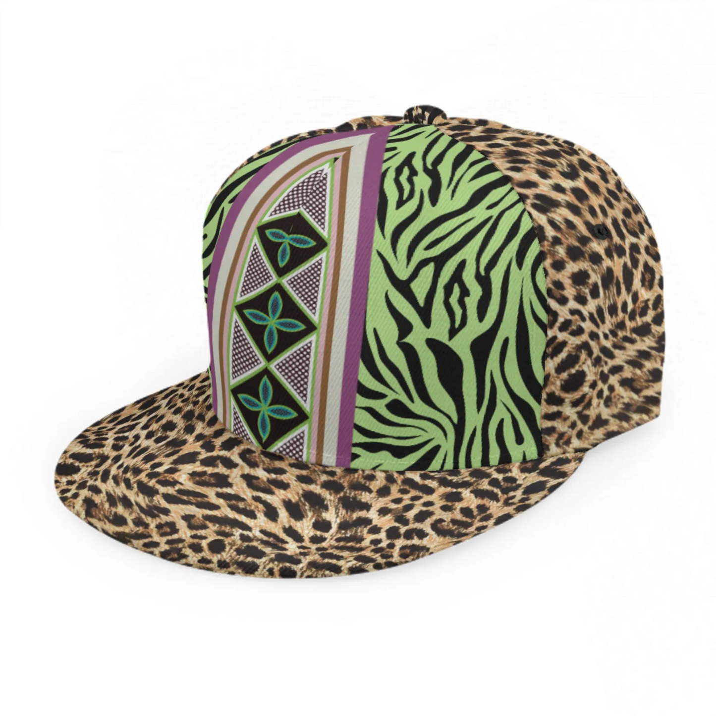 African Print Baseball Hat: Green Zebra, Leopard Toghu Tribal Snapback, Ready to Ship