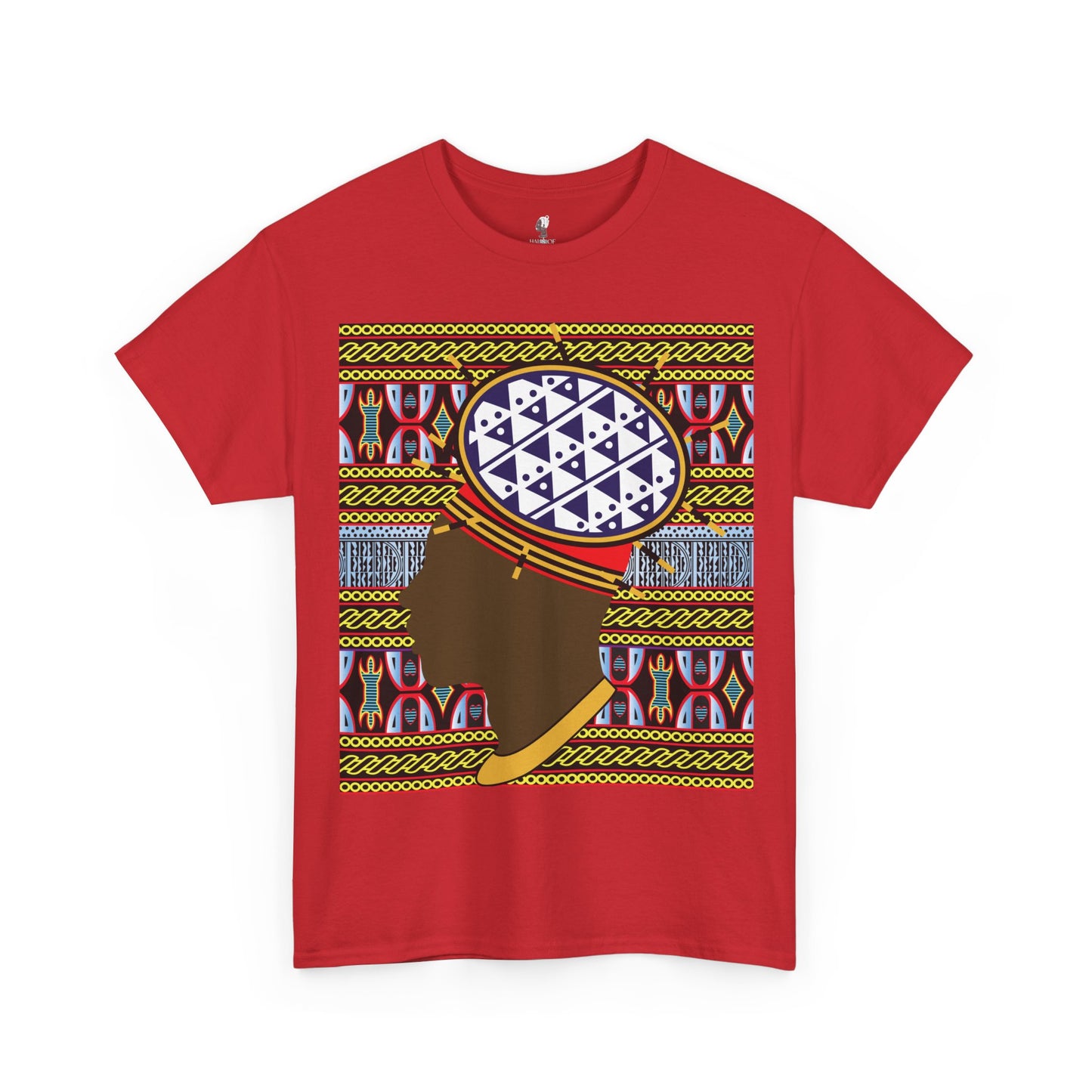Man in Spiky Bamenda Bamileke Hat Chocolate on Black Mudcloth Unisex Heavy Cotton Tee