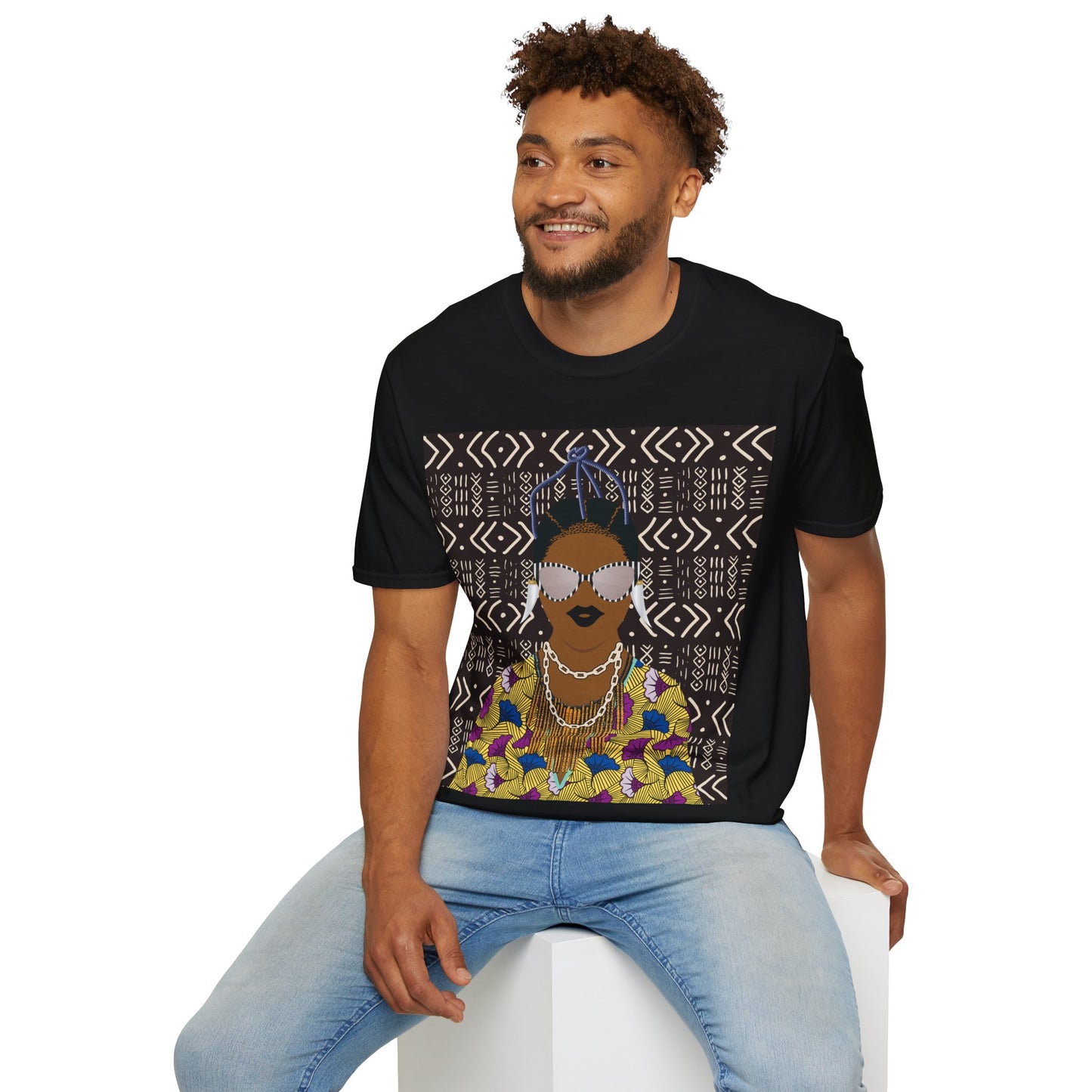 Manyi - Floral on Mudcloth Unisex Softstyle T-Shirt