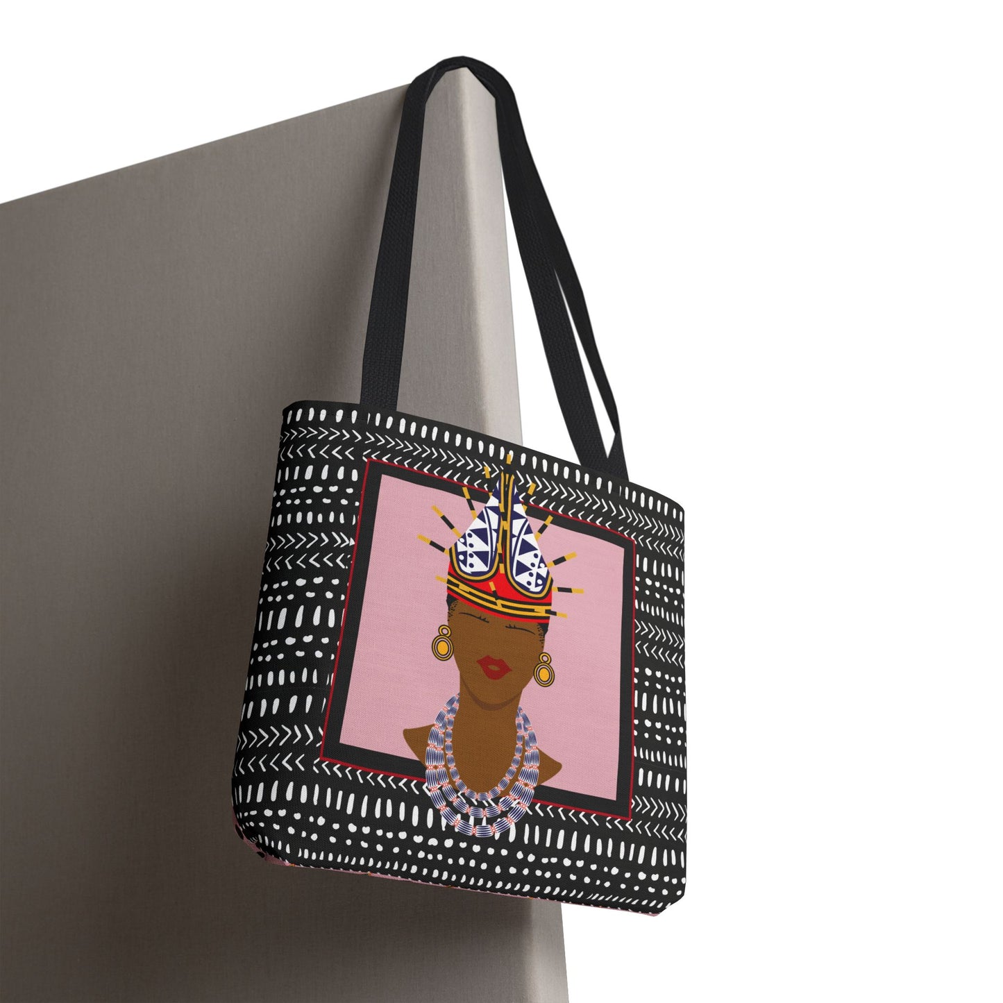 African Inspired Spiky Hat Bamileke Bamenda Girl on Pink and Mudcloth AOP Tote Bag, Ethnic Shoulder Bag, Cultural Market Bag, Colorful