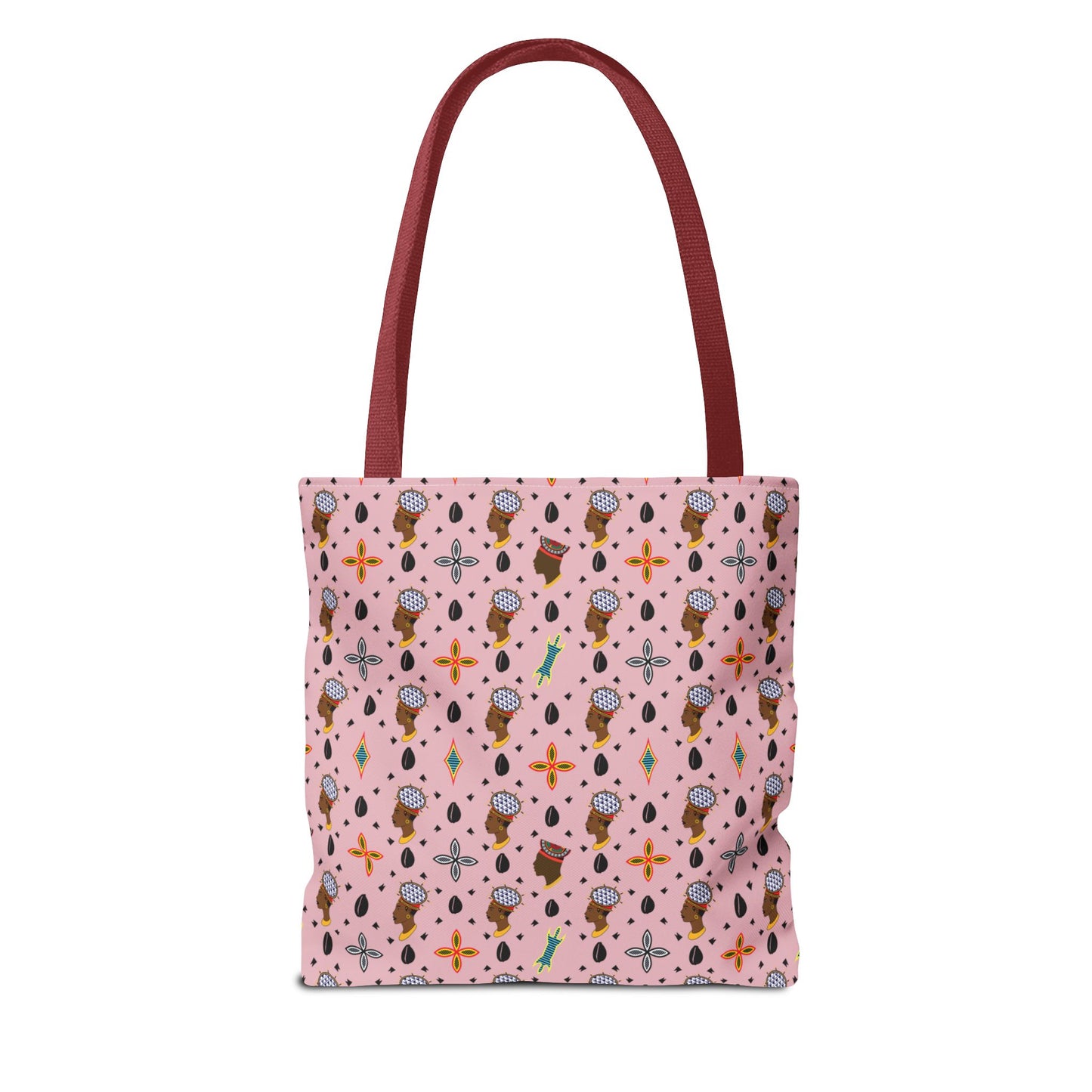 African Inspired Spiky Hat Bamileke Bamenda Girl on Pink and Mudcloth AOP Tote Bag, Ethnic Shoulder Bag, Cultural Market Bag, Colorful