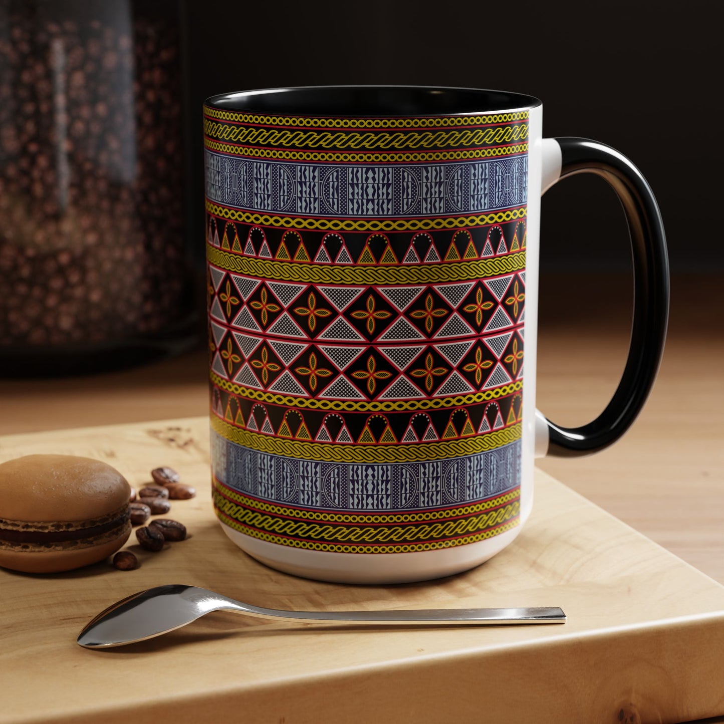 Cameroonian Toghu and Ndop Ceramic Coffee Mug (11, 15oz) in 4 Colors, 2 Sizes, Unique African Print Design