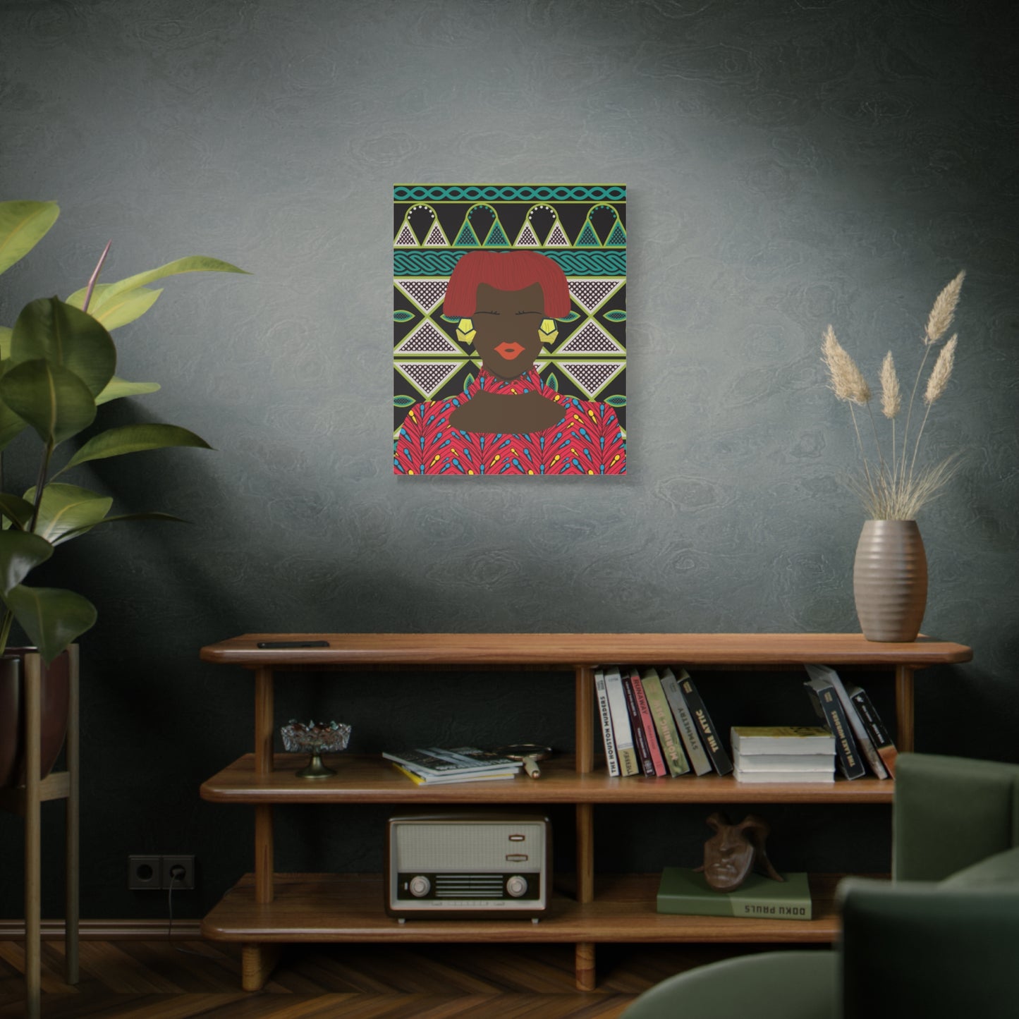 Matte Canvas Wall Art, Bobby (Chocolate) in Floral Red on Green Cameroon Toghu Stretched Art Print, Home Decor, African Inspired Gift, Unique, Stretched, 1.25"