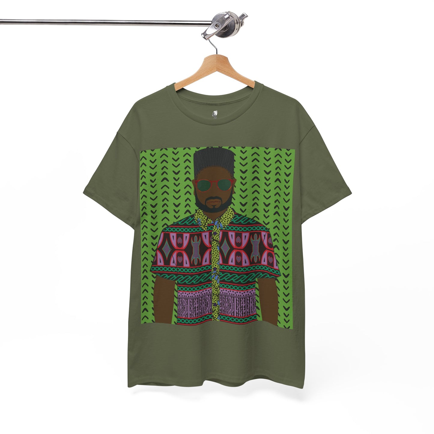 Phillipe(Chocolate) in Purple Toghu on Green Mudcloth Unisex Heavy Cotton Tee