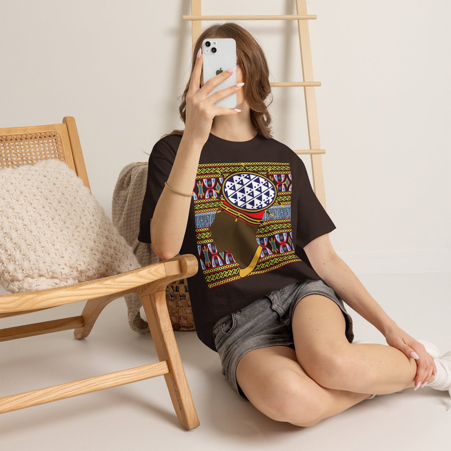 Man in Spiky Bamenda Bamileke Hat Chocolate on Black Mudcloth Unisex Heavy Cotton Tee