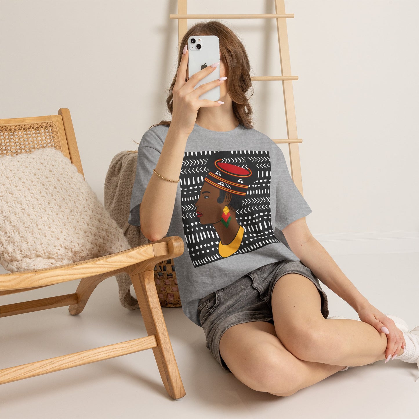 African Lady in Bamenda Bamileke Hat Unisex Tee, Ethnic Mudcloth T-Shirt, Black Boho Shirt, Festival Clothing, Afrocentric Top