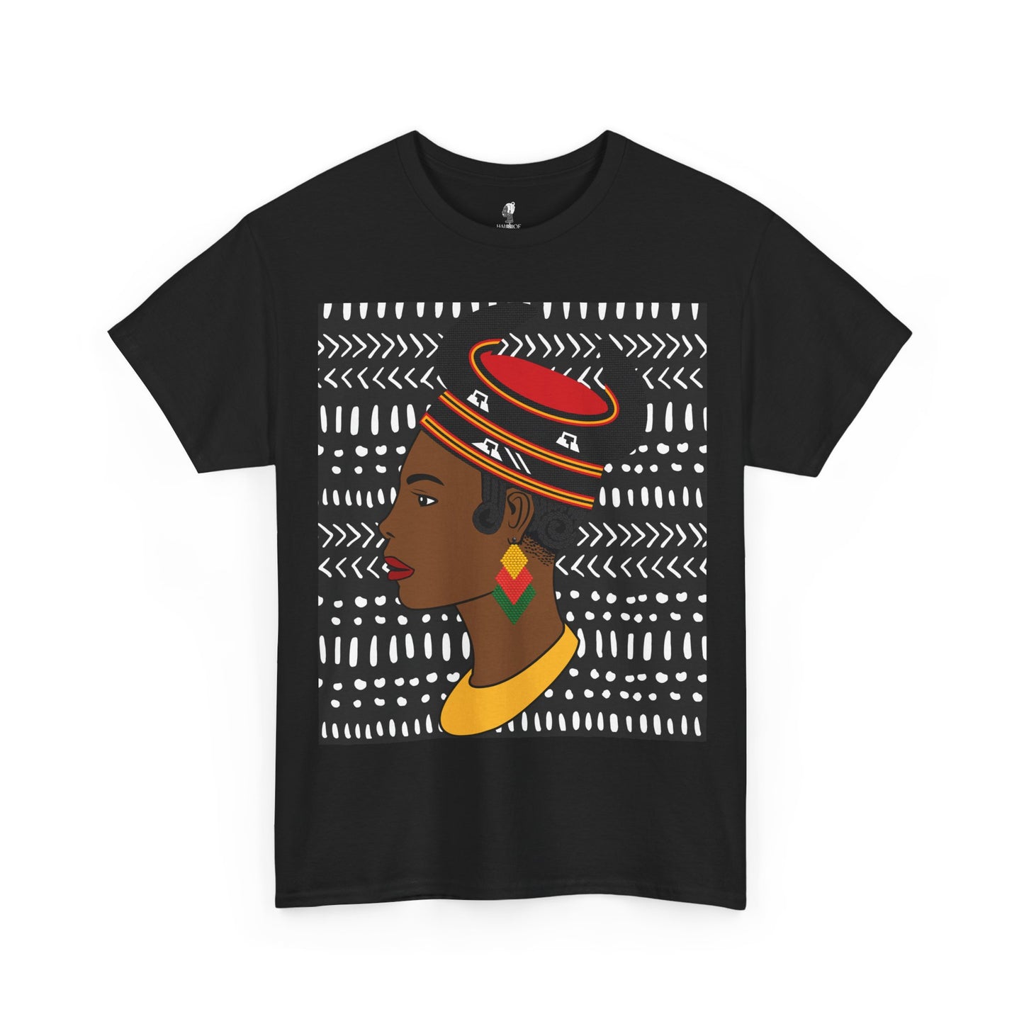 African Lady in Bamenda Bamileke Hat Unisex Tee, Ethnic Mudcloth T-Shirt, Black Boho Shirt, Festival Clothing, Afrocentric Top