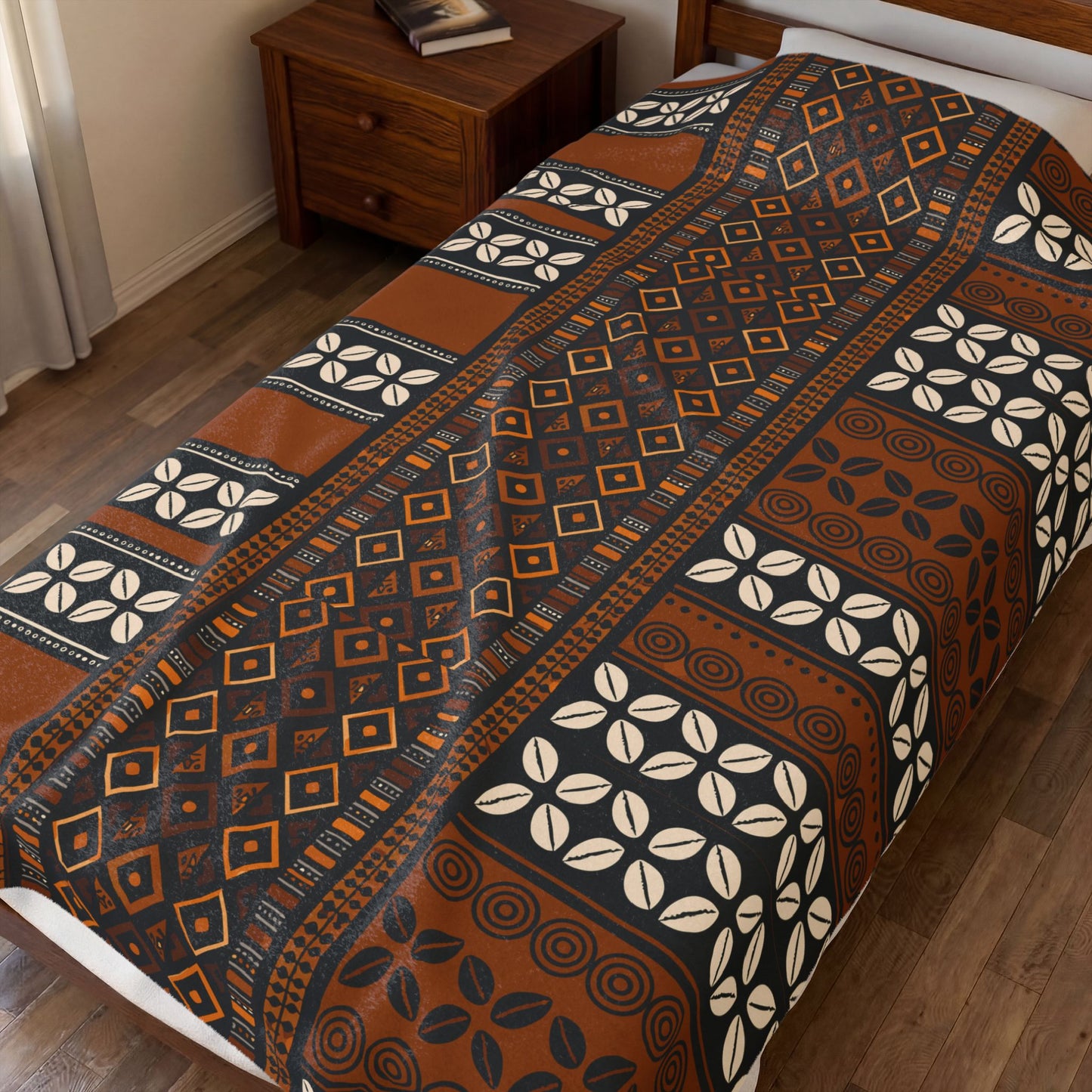 Mudcloth and Cowries Velveteen Blanket, Cozy Throw, Ethnic Design Bedding, Soft Afrocentric Bedspread, Warm Living Room Decor