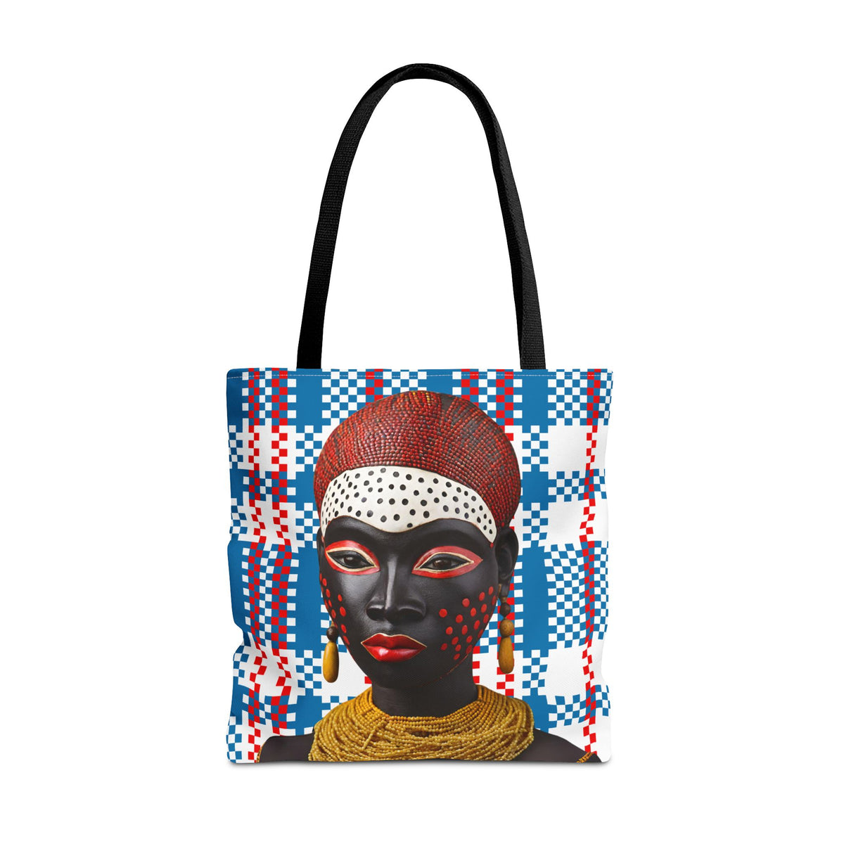 African Tote Bag, Masked Lady Design, Mukuta Plaid Grocery Bag, Gift for Her, Shopping Tote, Carry All Bag