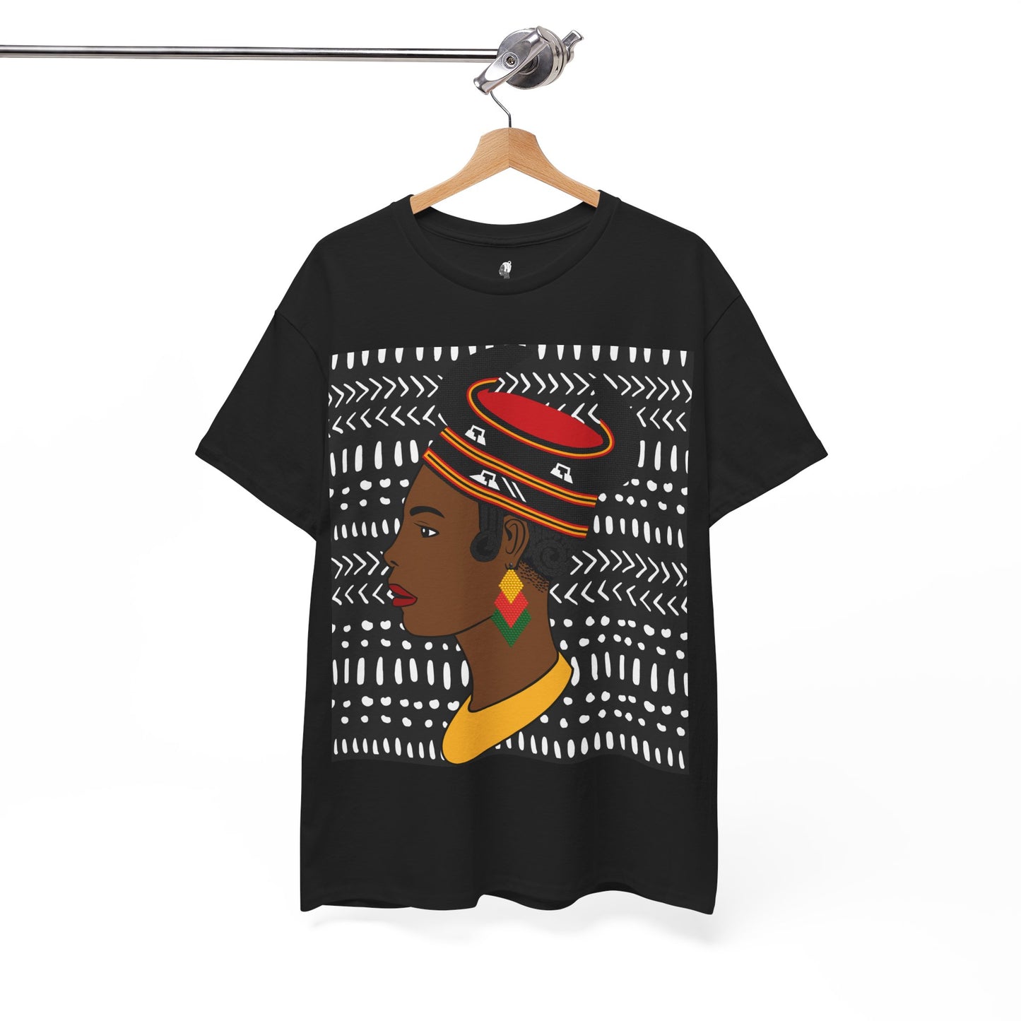 African Lady in Bamenda Bamileke Hat Unisex Tee, Ethnic Mudcloth T-Shirt, Black Boho Shirt, Festival Clothing, Afrocentric Top