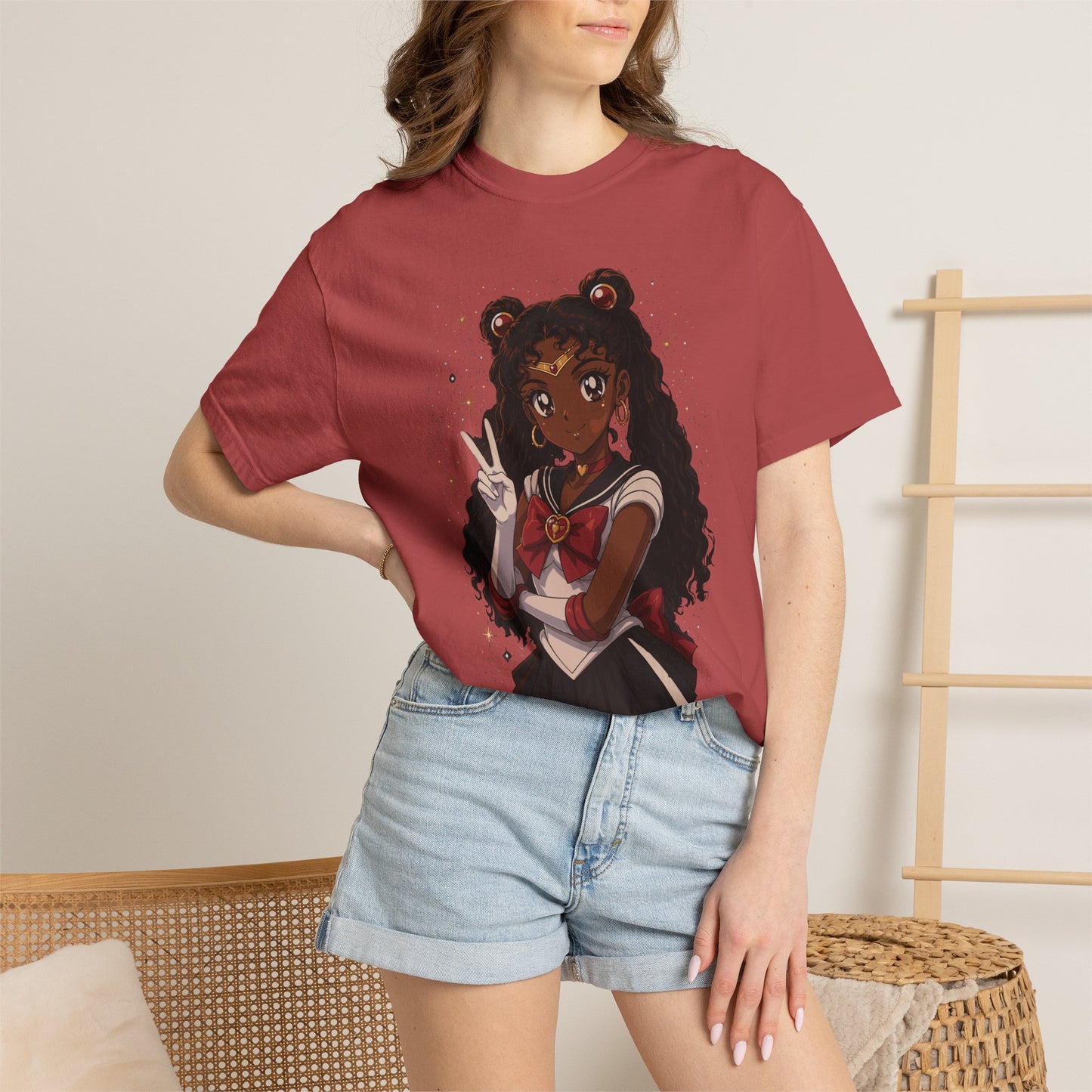 Melanin Magic Anime Tee, Black Anime Girl Shirt, Afro Magical Girl Tee, African Streetwear Graphic, Unisex Garment-Dyed T-Shirt