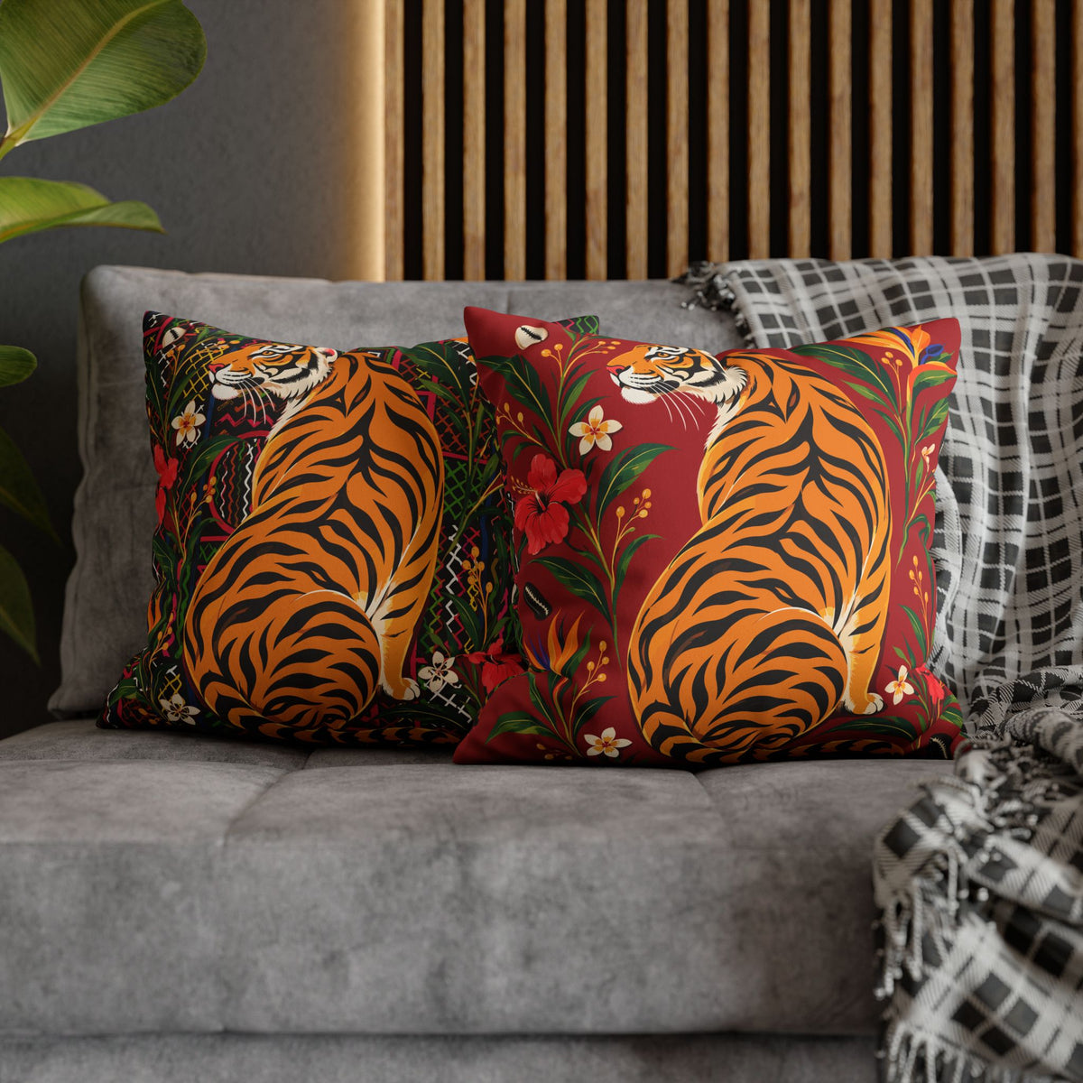 Bengal Tiger & Tropical Blooms Double-Sided Faux Suede Throw Pillow Cover | Ntoh-Inspired African Décor