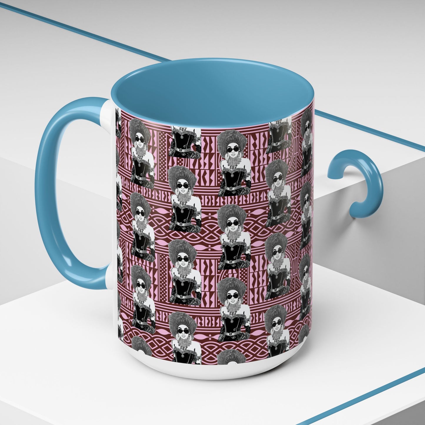 Madame Headtie(BW) Two-Tone Ceramic Coffee Mugs on Pink Ndop (4 Colors), 15oz