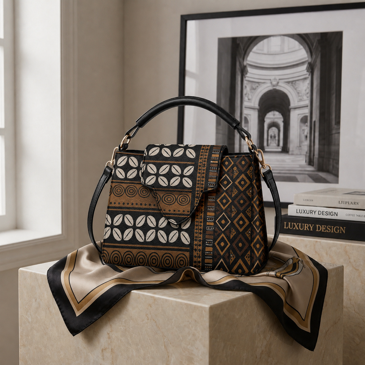 A handbag with a patterned design sits on a beige pedestal, with a framed black and white photograph of an architectural structure in the background.