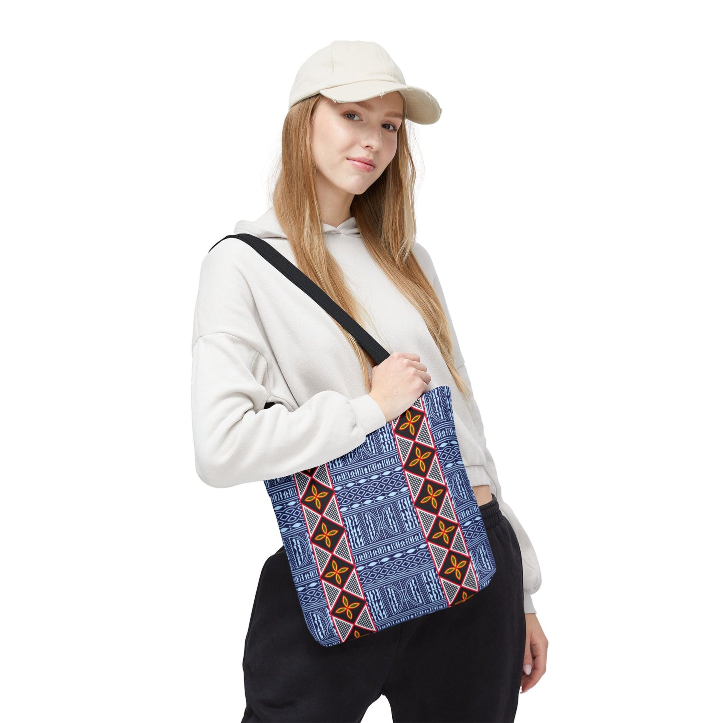 Blue Tribal Ndop Pattern Canvas Tote | Geometric Ethnic Print, Vertical Toghu Stripes