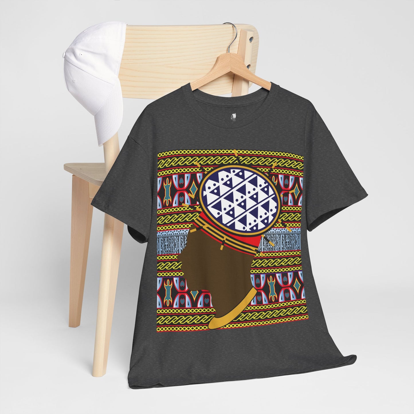 Man in Spiky Bamenda Bamileke Hat Chocolate on Black Mudcloth Unisex Heavy Cotton Tee