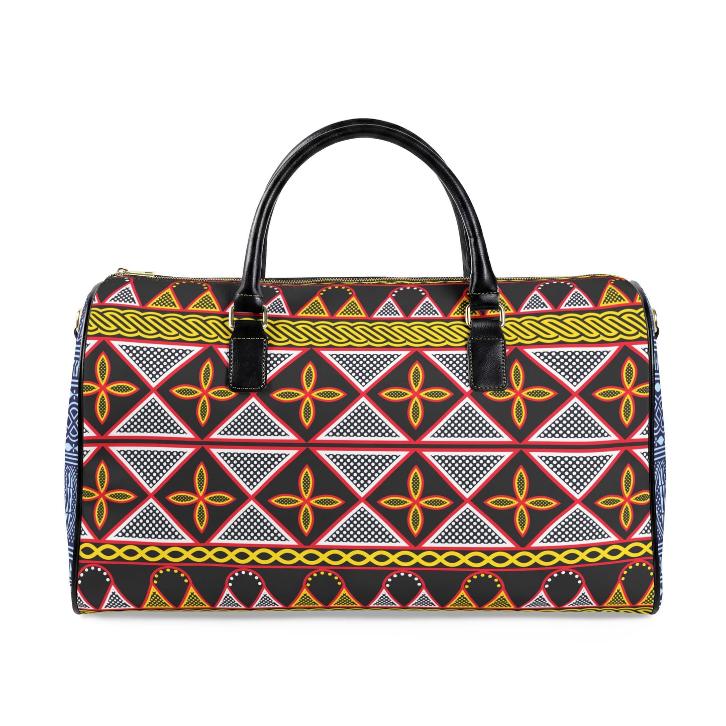 NEW Vegan Leather Travel Bag, Yellow Toghu with Blue Ndop Sides print