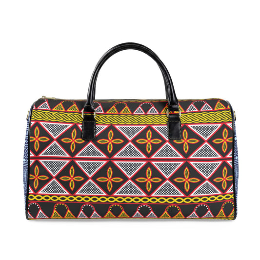 NEW Vegan Leather Travel Bag, Yellow Toghu with Blue Ndop Sides print