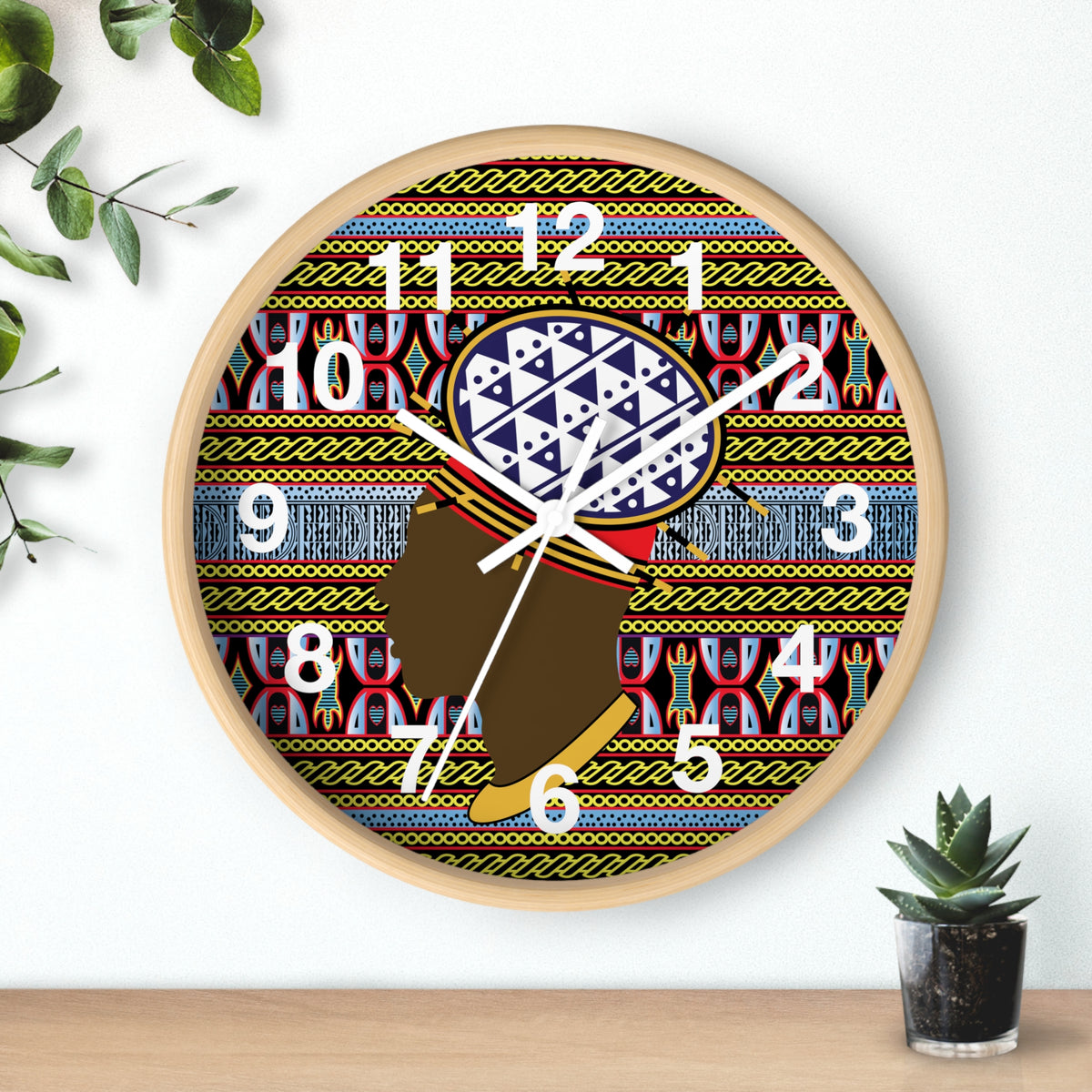 African wood wall clock, Bamileke Toghu Print Man, 12in Wood Mini