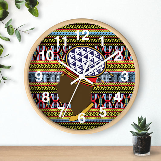 African wood wall clock, Bamileke Toghu Print Man, 12in Wood Mini