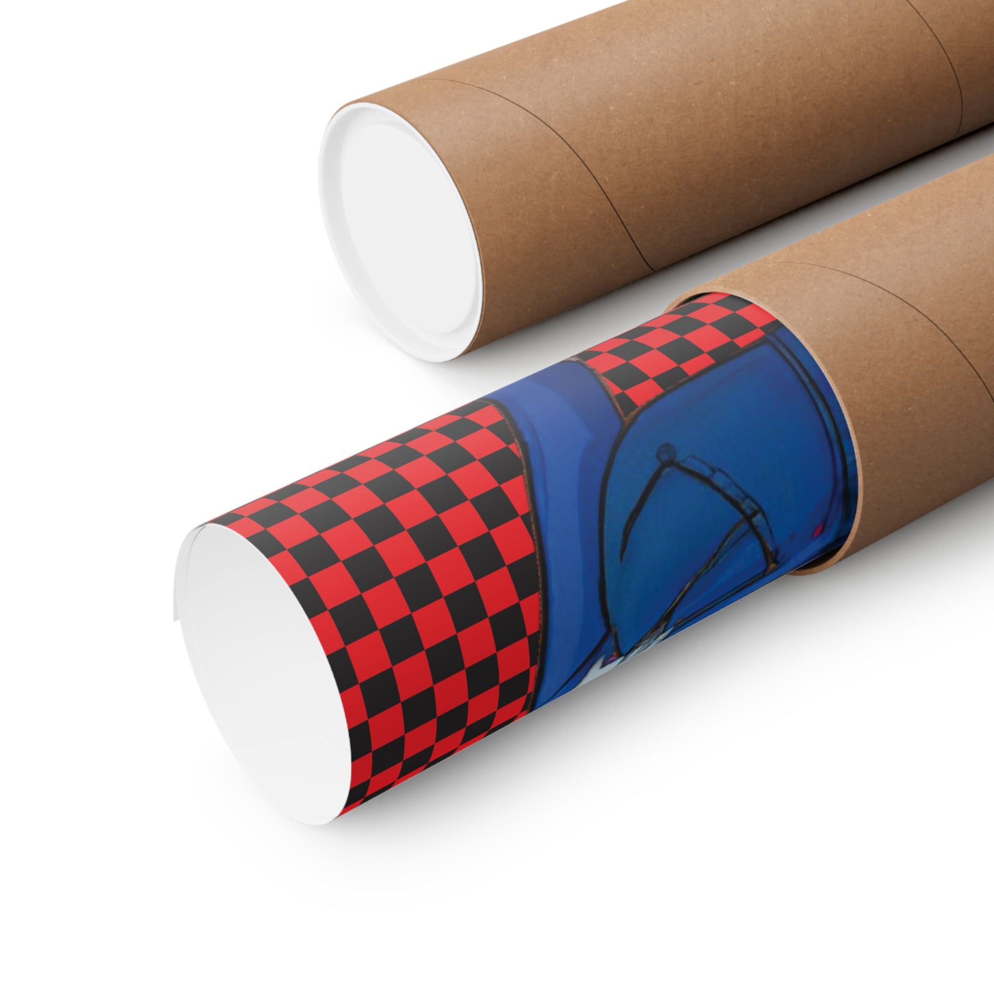 two cardboard tubes with a red and black checkered pattern on one tube and a blue and black checkered pattern on the other tube.