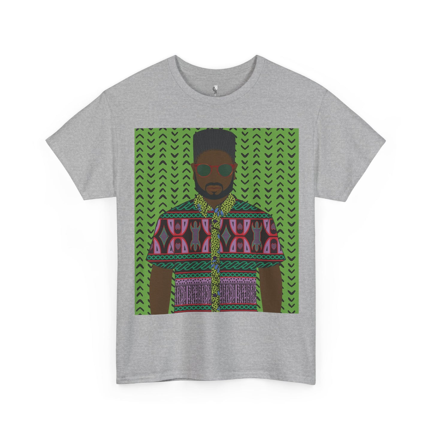 Phillipe(Chocolate) in Purple Toghu on Green Mudcloth Unisex Heavy Cotton Tee
