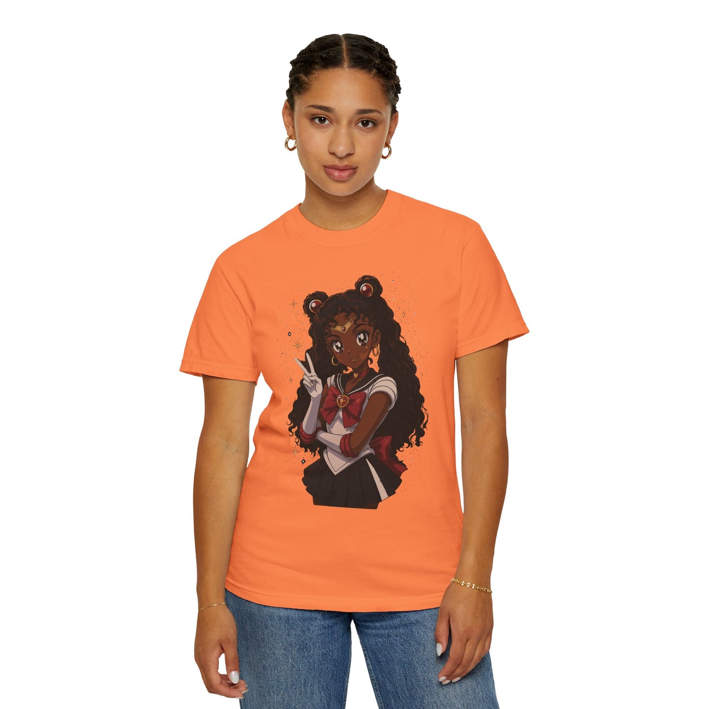 Melanin Magic Anime Tee, Black Anime Girl Shirt, Afro Magical Girl Tee, African Streetwear Graphic, Unisex Garment-Dyed T-Shirt